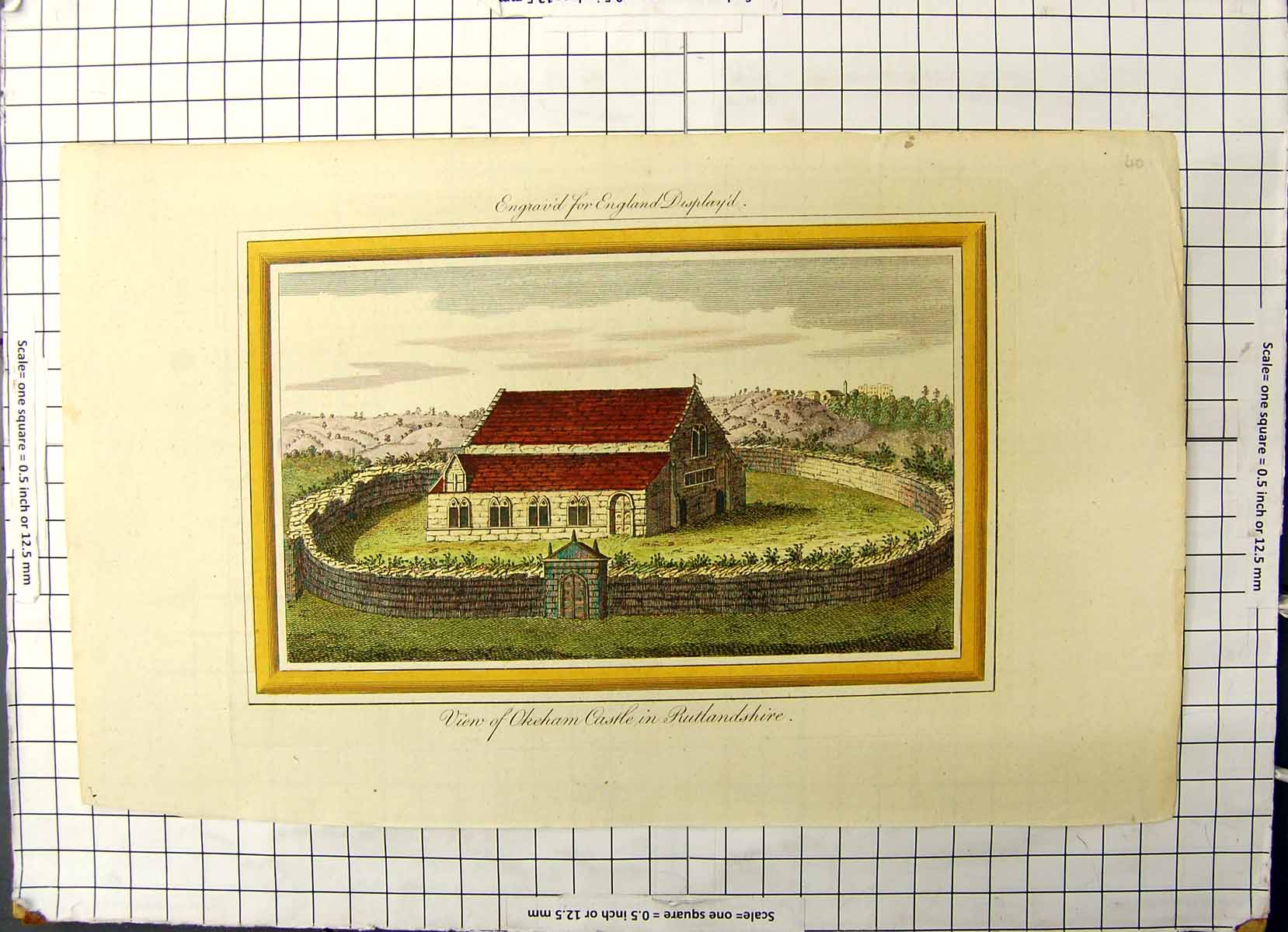 Original Old Antique Print Colour Okeham Castle Rutlandshire England Displayed