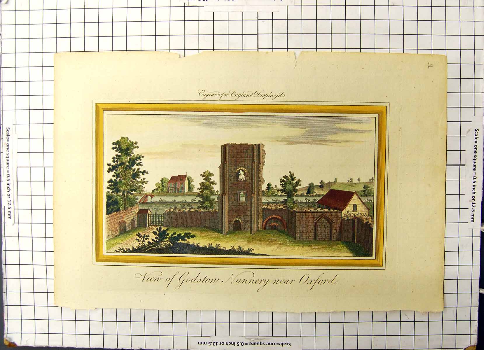 Original Old Antique Print Colour View Godston Nunnery Near Oxford