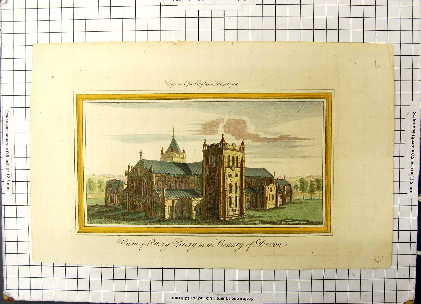 Original Old Antique Print Colour View Ottery Priory In Devon