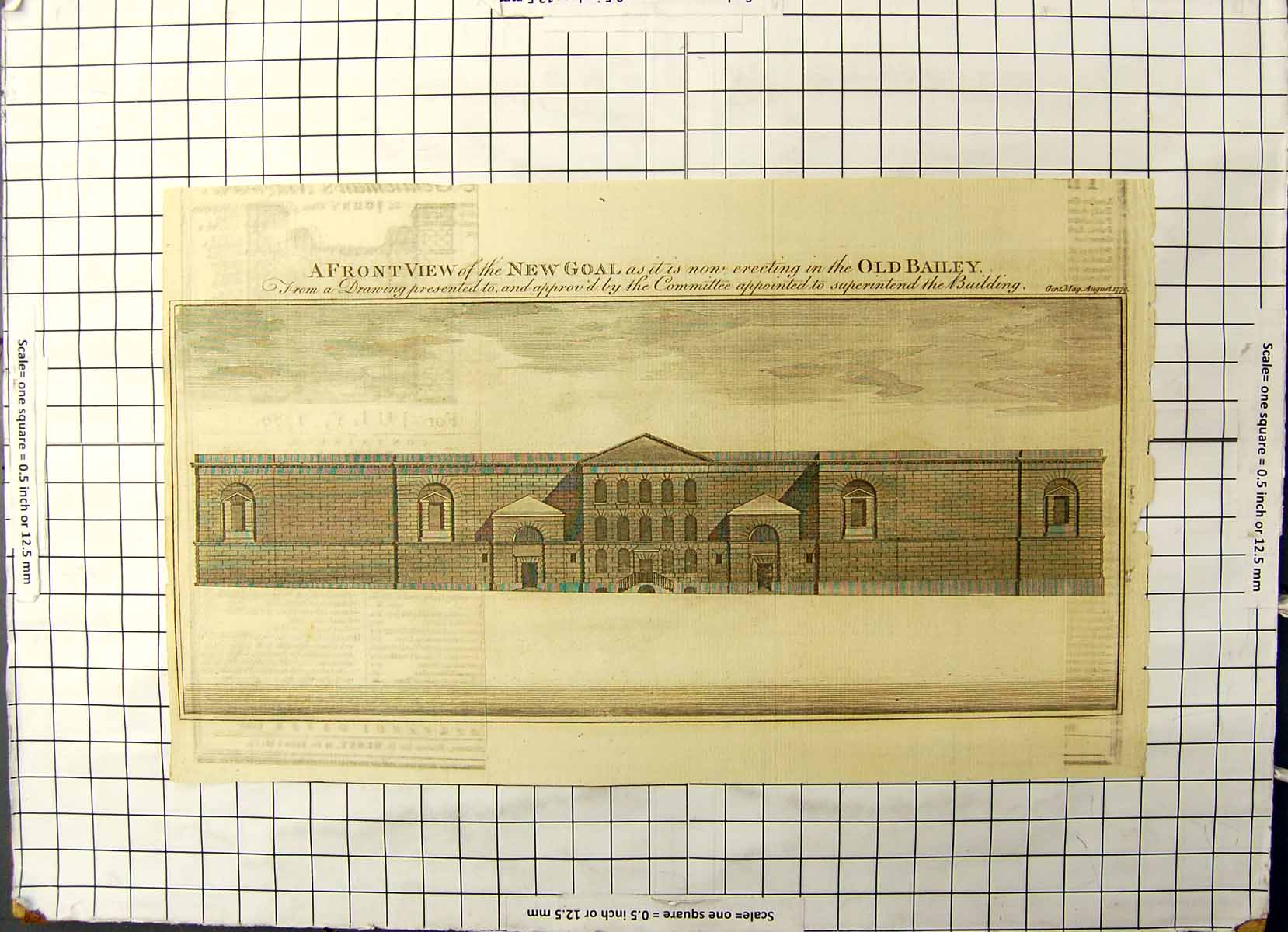 Original Old Antique Print Bailey Building Architecture Front View