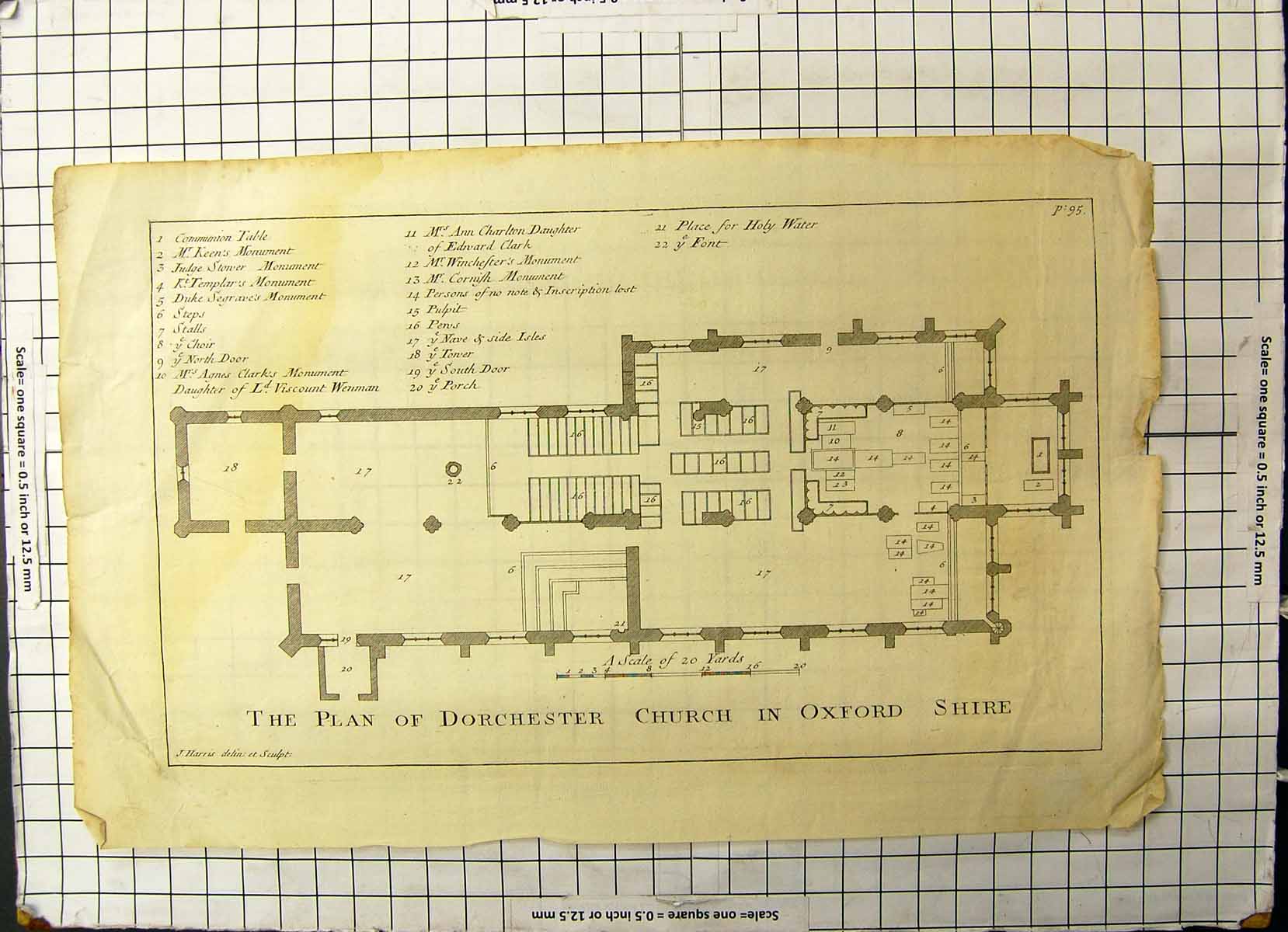 Antique Old Print Dorchester Church Plan Oxford Shire Harris Monument Pulpit