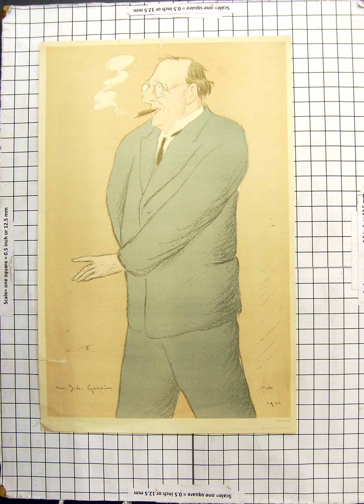 Old Print Colour Man Smoking Cigar Glasses Blue Suit Vincent Brooks 1931 20th