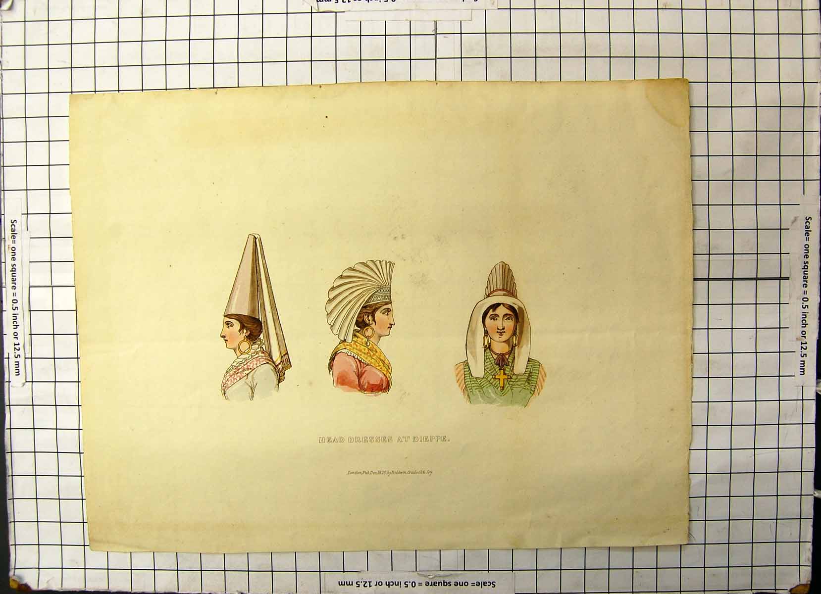 Old Antique Print Colour Head Dresses At Dieppe 1820 Baldwin Gradock Joy 19th