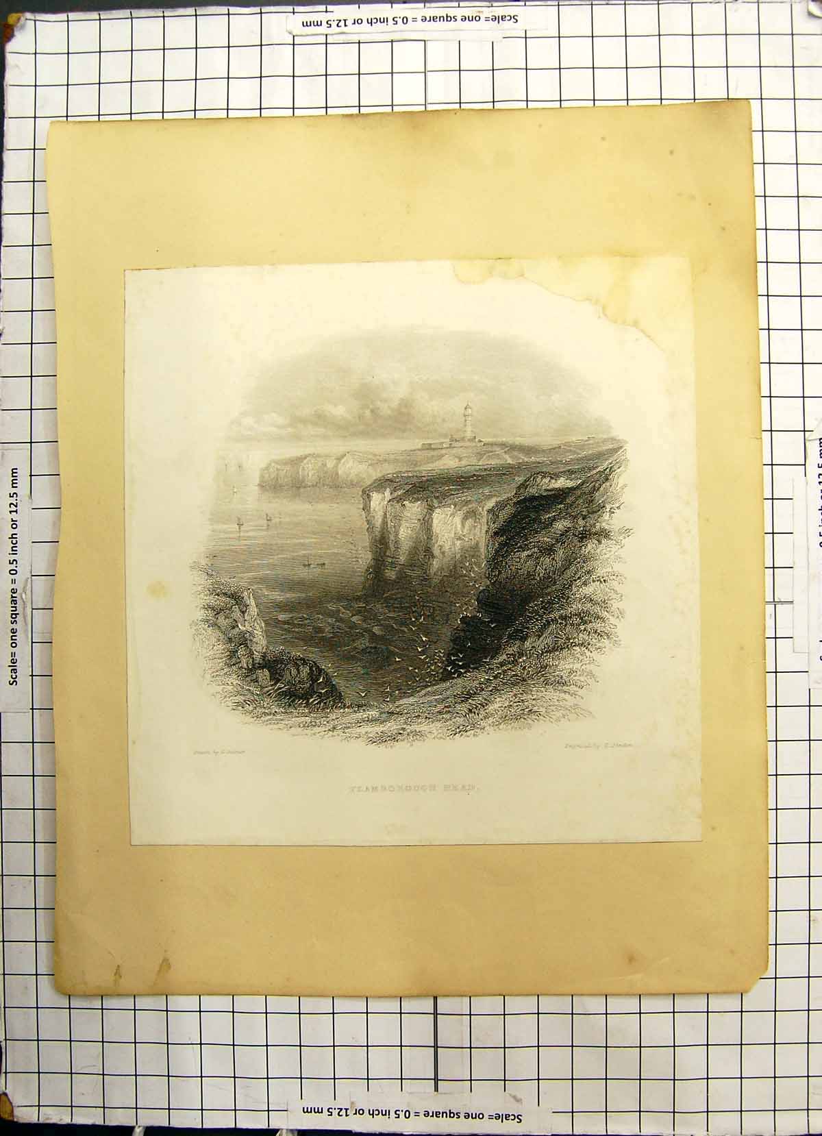 Original Old Antique Print Flamborough Head Lighthouse Balmer Finden Victorian