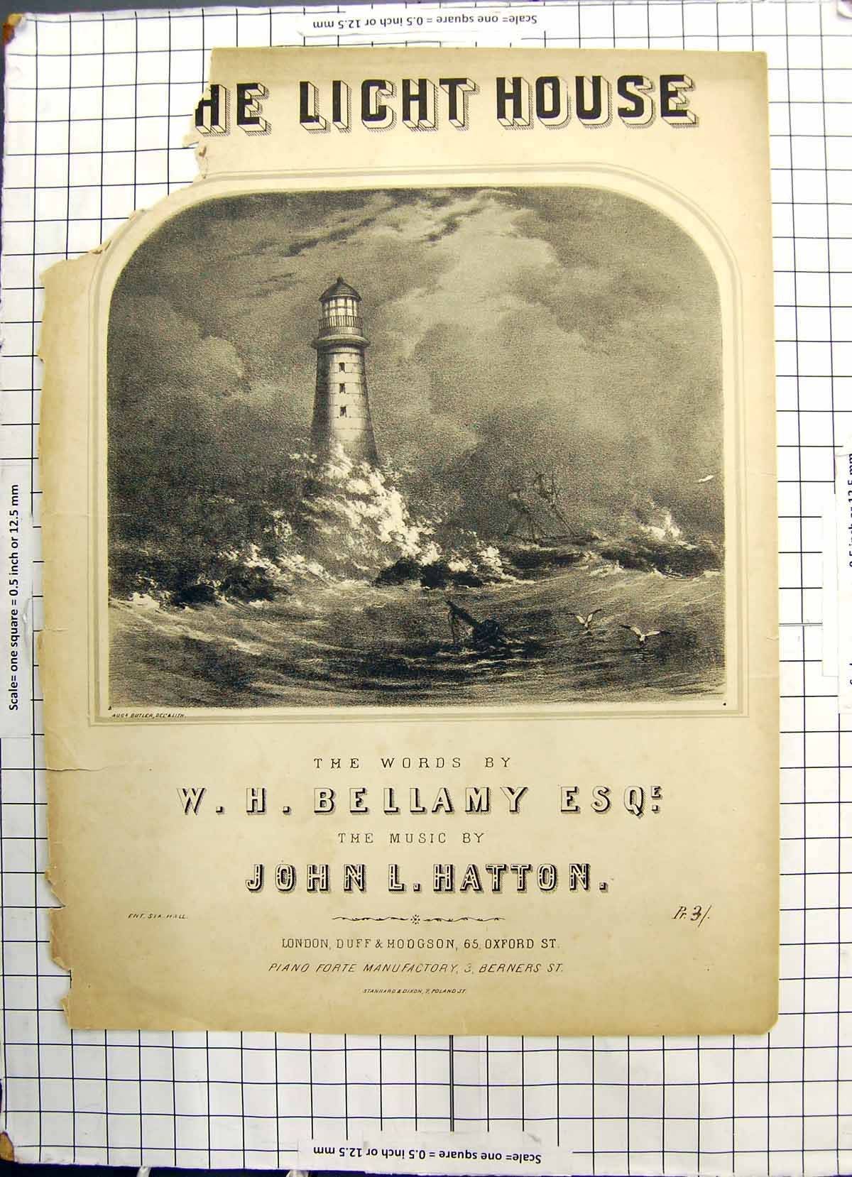 Original Old Antique Print Lighthouse Bellamy Hatton Butler Piano Manufactory