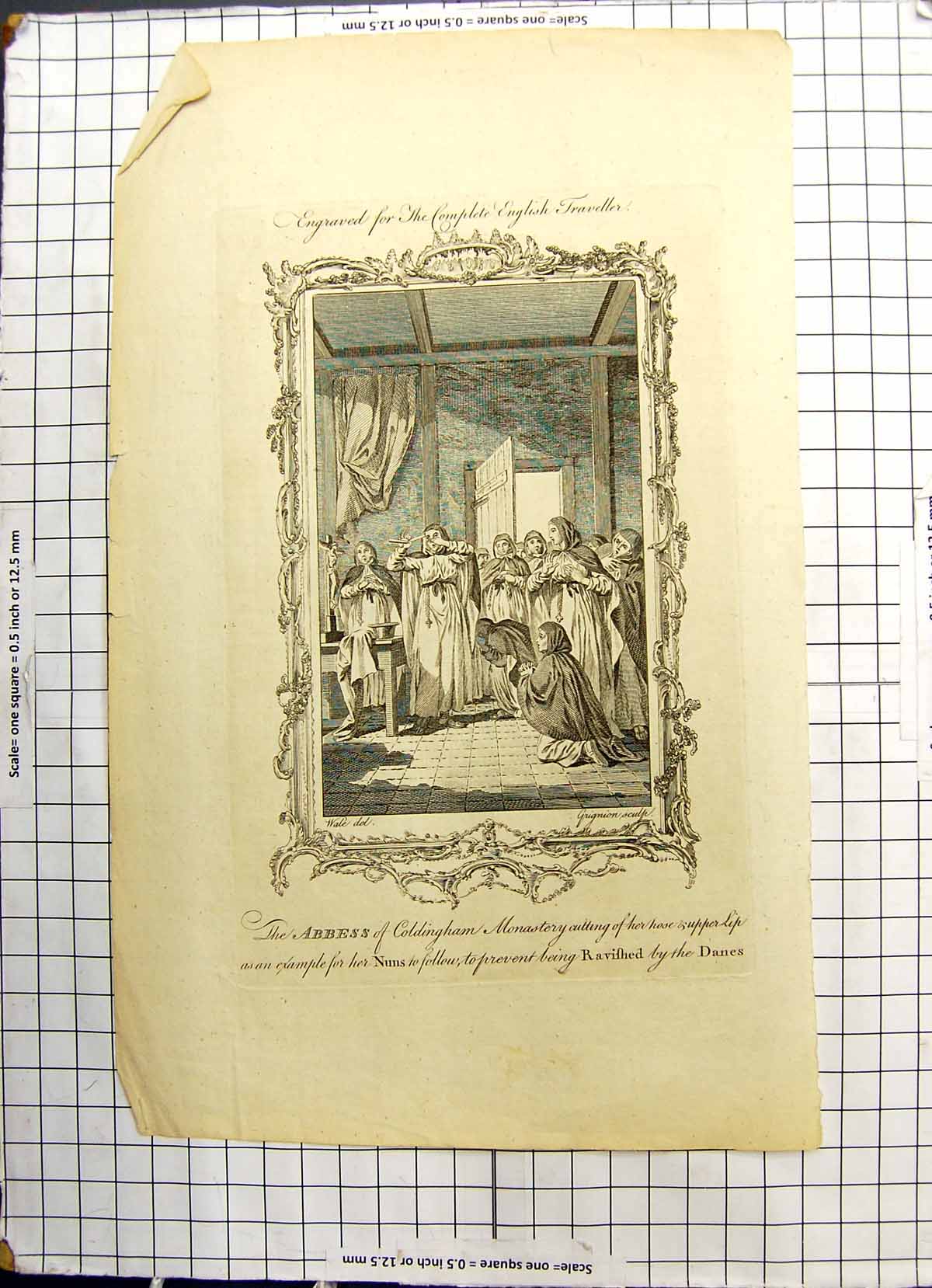 Antique Print English Traveller Abbess Cingham Monastery Cutting Nose Lip 20th