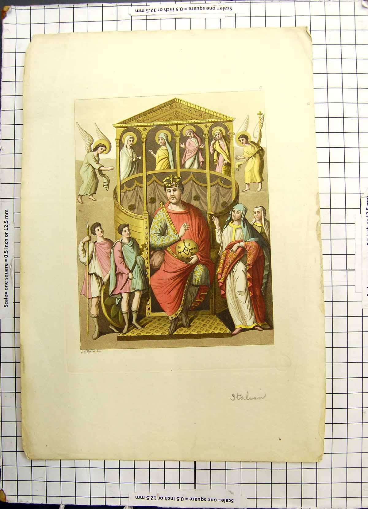Original Old Antique Print Colour Man Wings Angels King Bonatti Italian 20th
