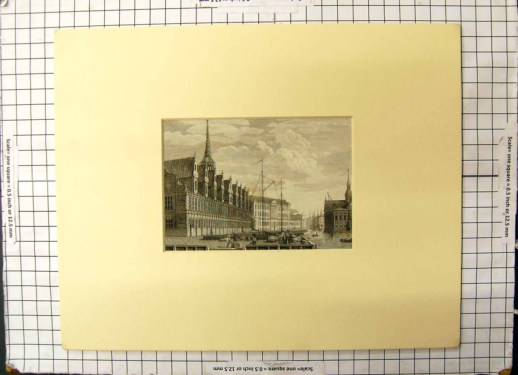 Original Old Antique Print Exchange Copenhagen Ships Buildings Architecture