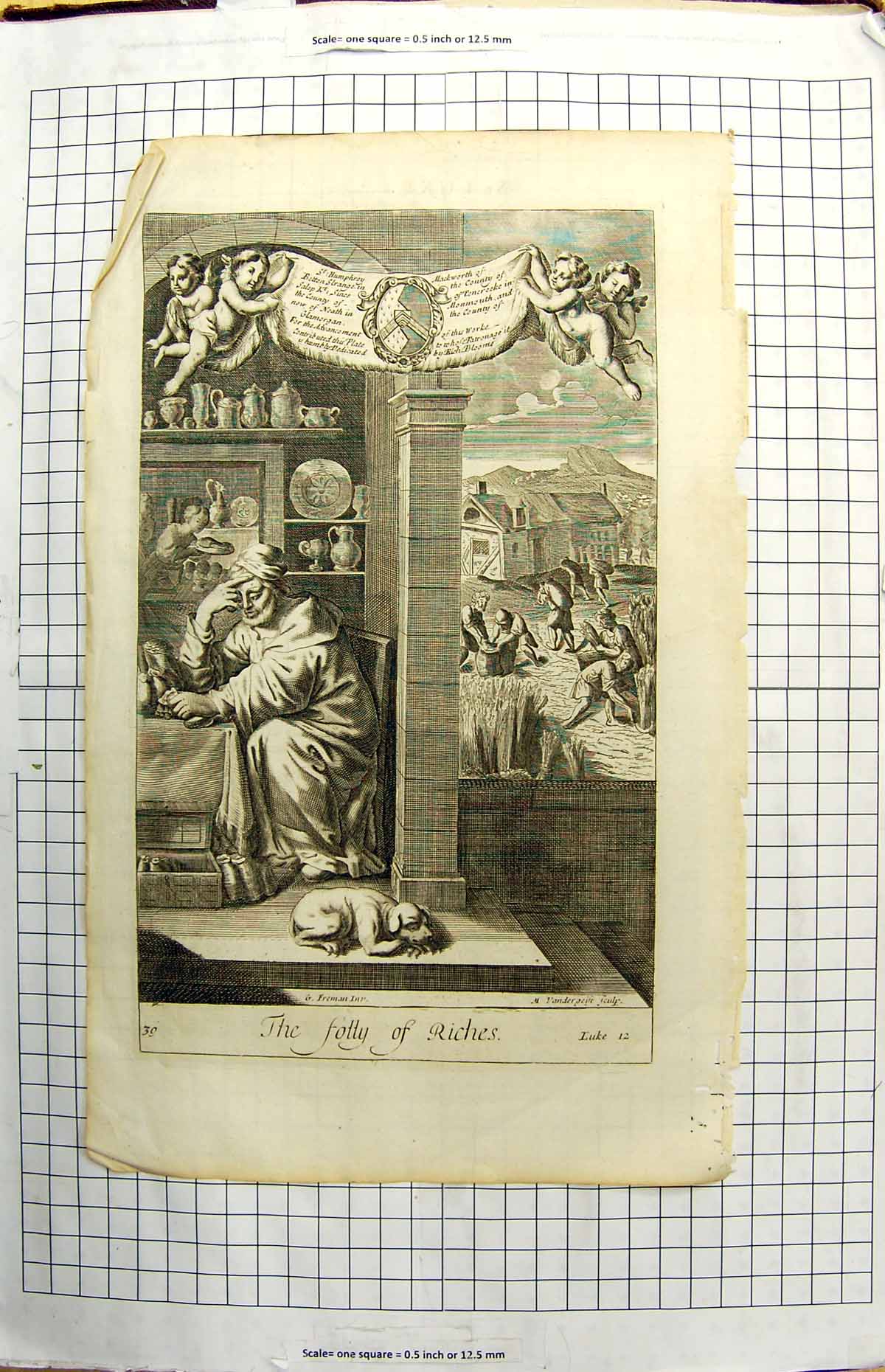 Antique Old Print Folly Riches Man Counting Money Poor People Working Street