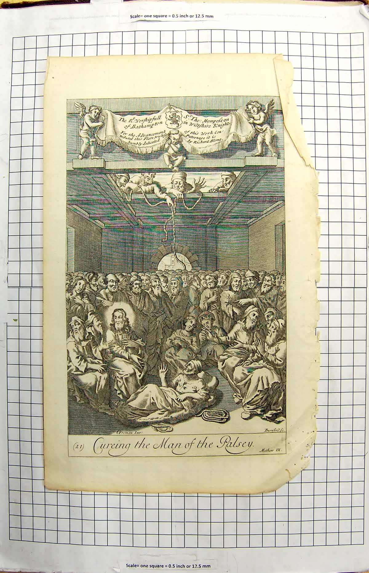 Original Old Antique Print Scene Curing Man Palsey Thomas Mompesson