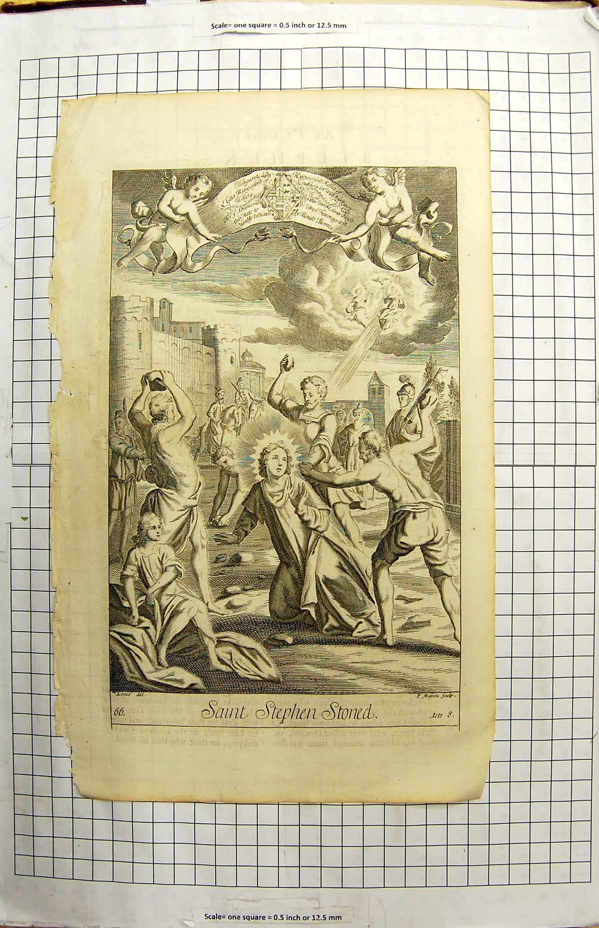 Original Old Antique Print Scene Saint Stephen Stoned Attacked Men