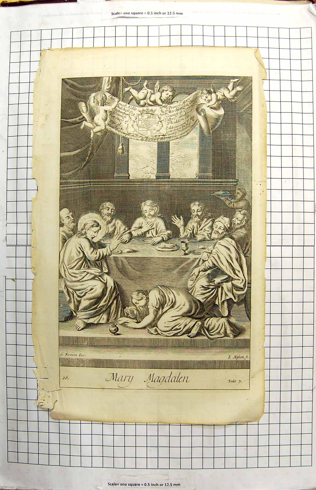 Original Old Antique Print Scene Mary Magdalen Praying Men Dinner Table