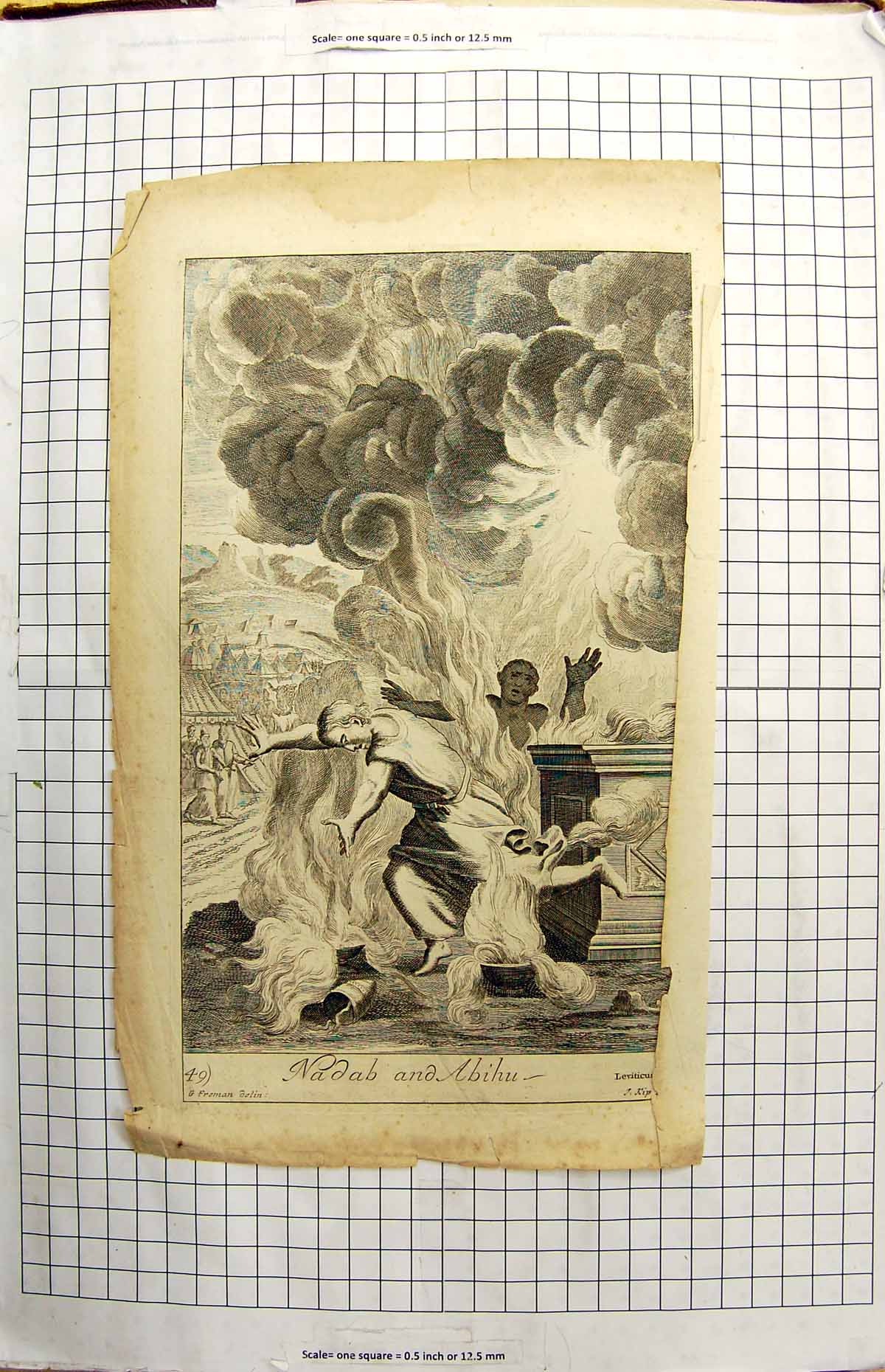Original Old Antique Print Scene Nadab Abihu Man Fire Flames