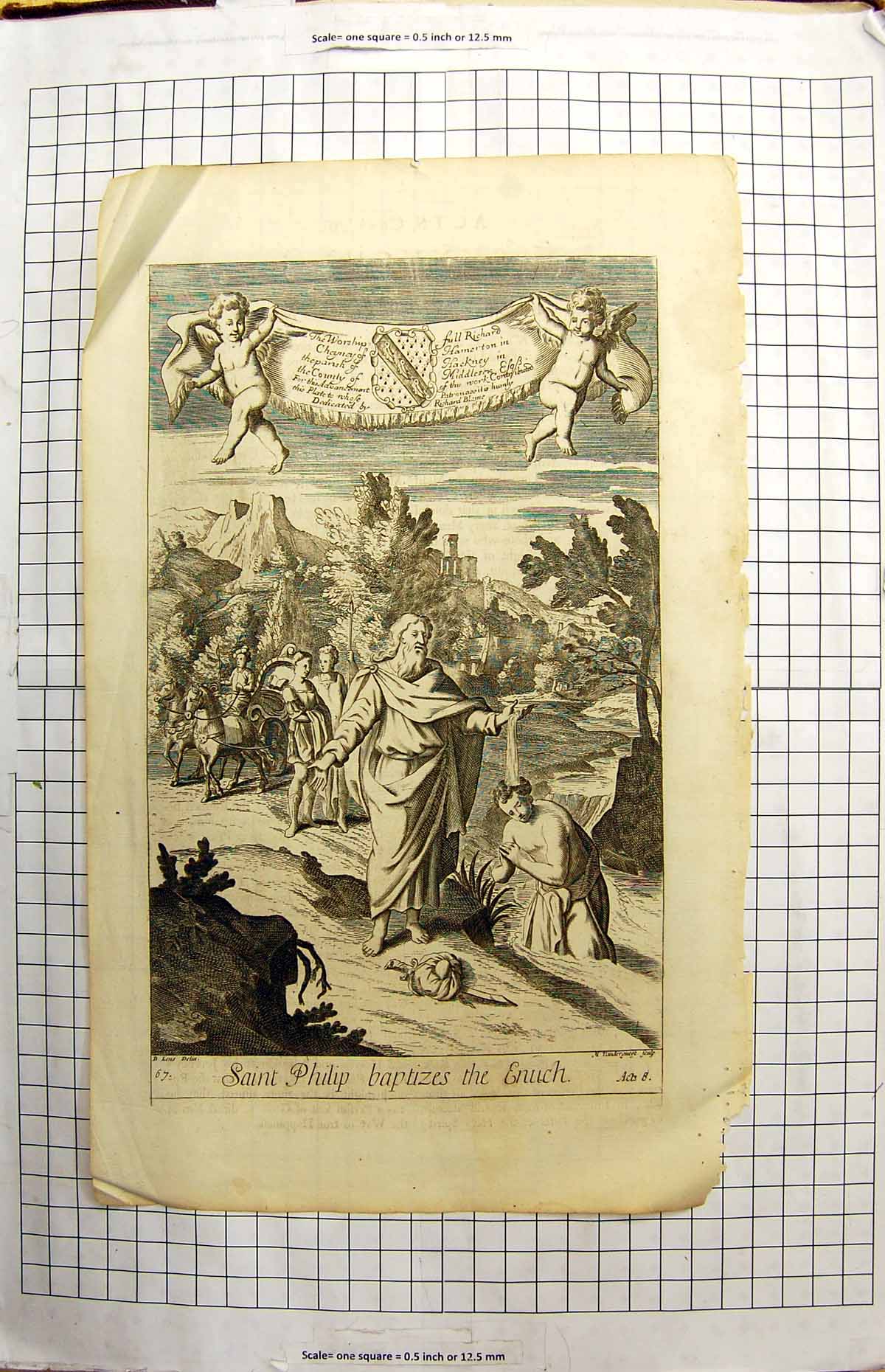 Original Old Antique Print Saint Philip Baptizes Enuch Worship Richard Cheyney
