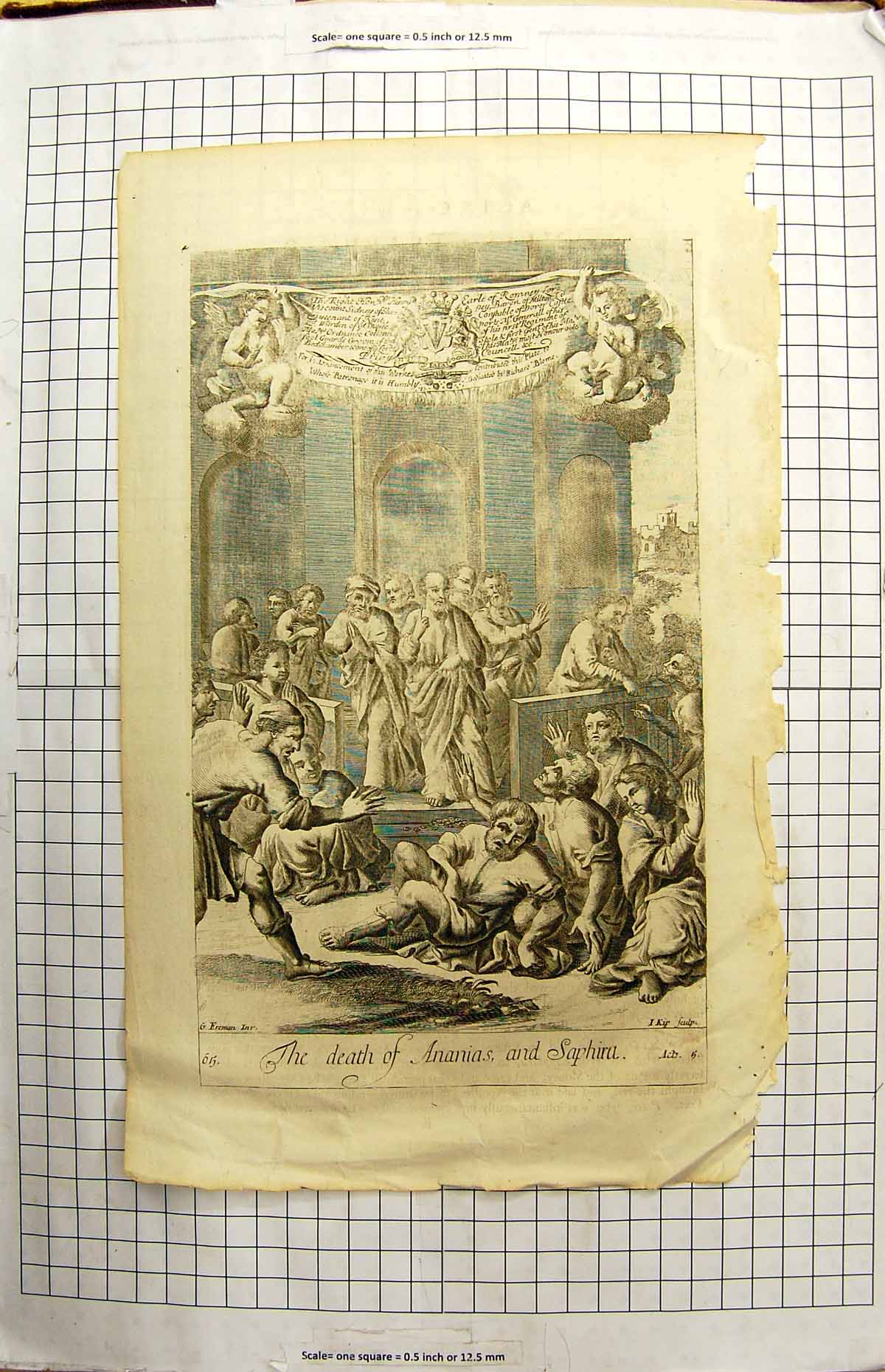 Original Old Antique Print Scene Death Ananias Saphira Ceremony Richard Blome