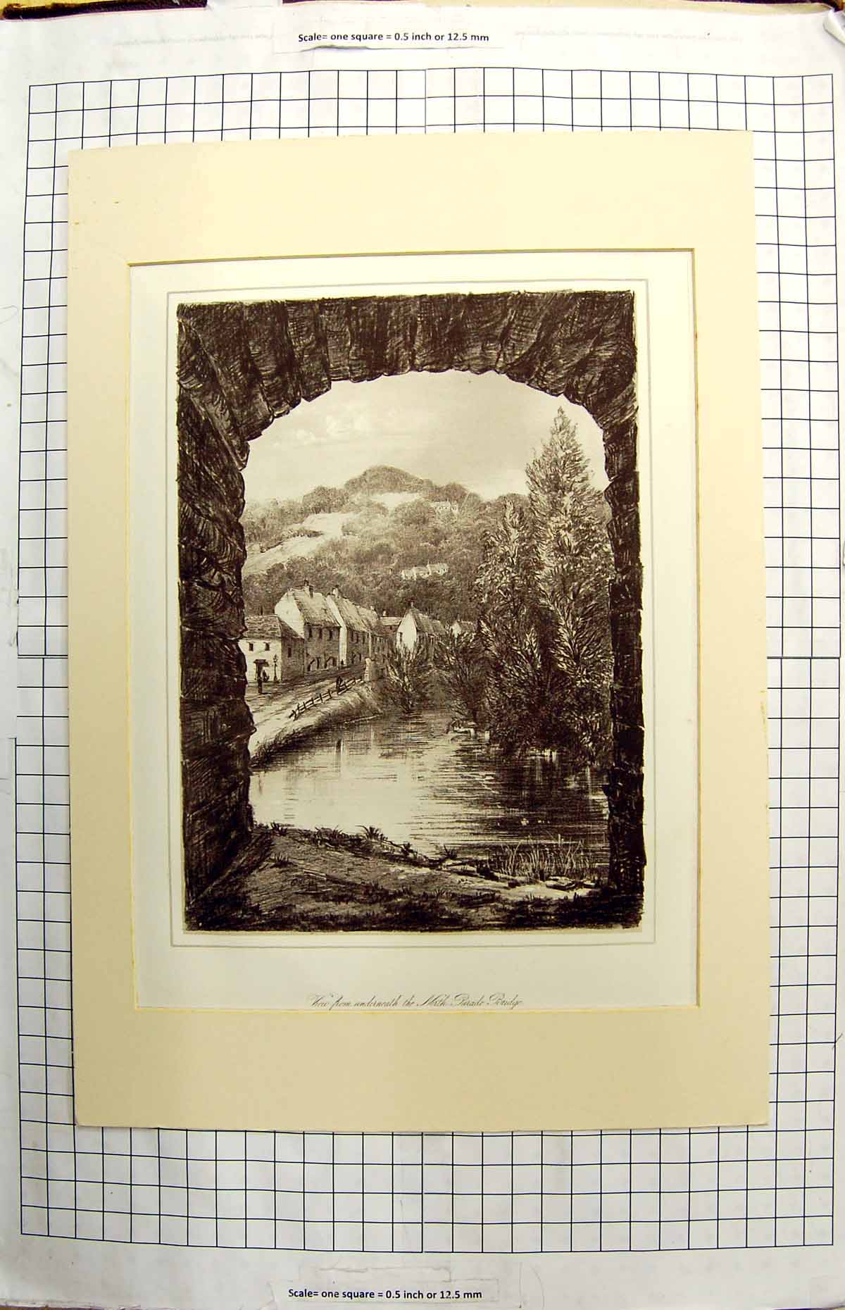 Antique Old Print View Underneath North Parade Bridge River Houses Mountains