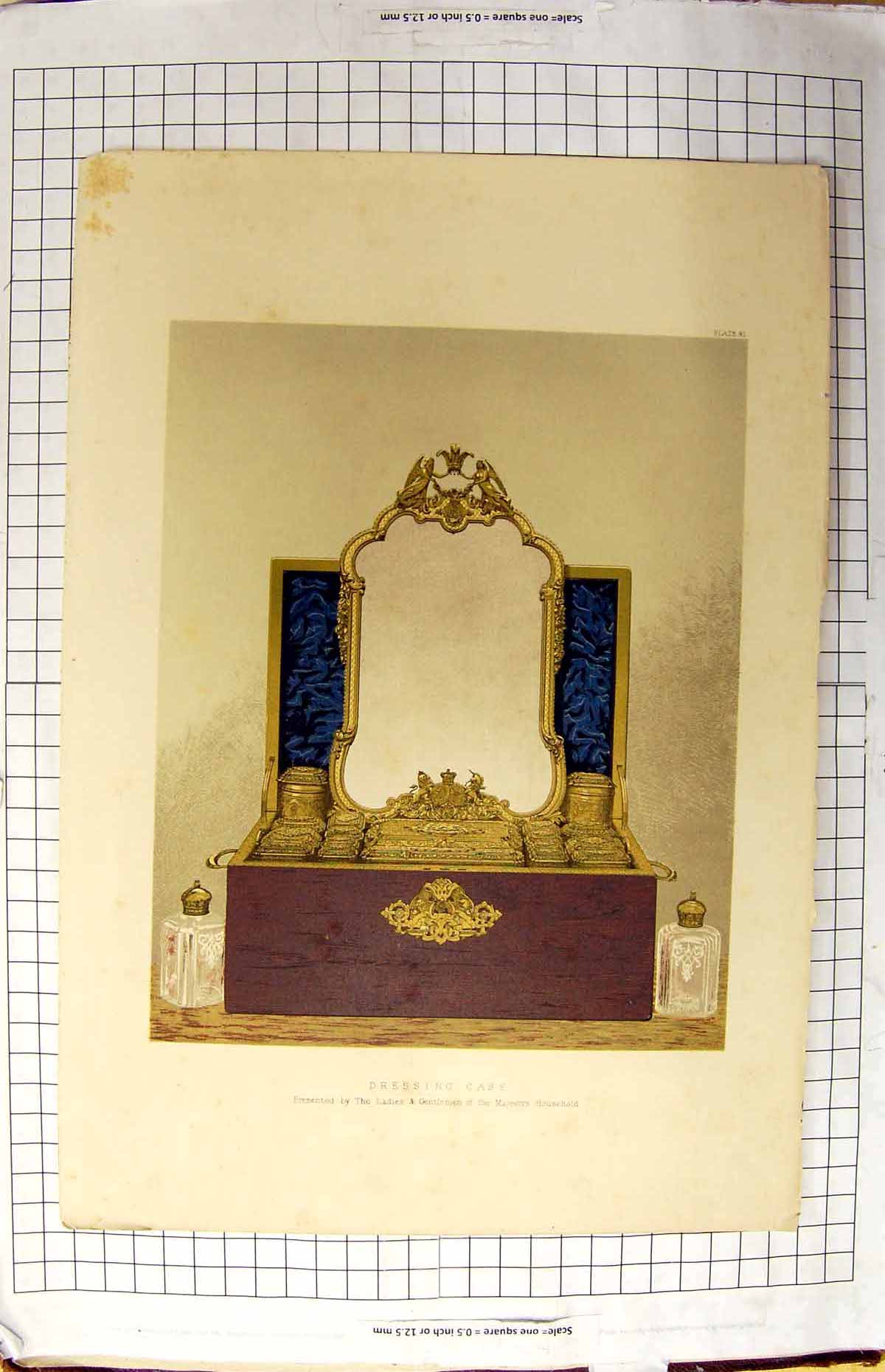 Original Old Antique Print Colour Dressing Case Ladies Queen England Househ