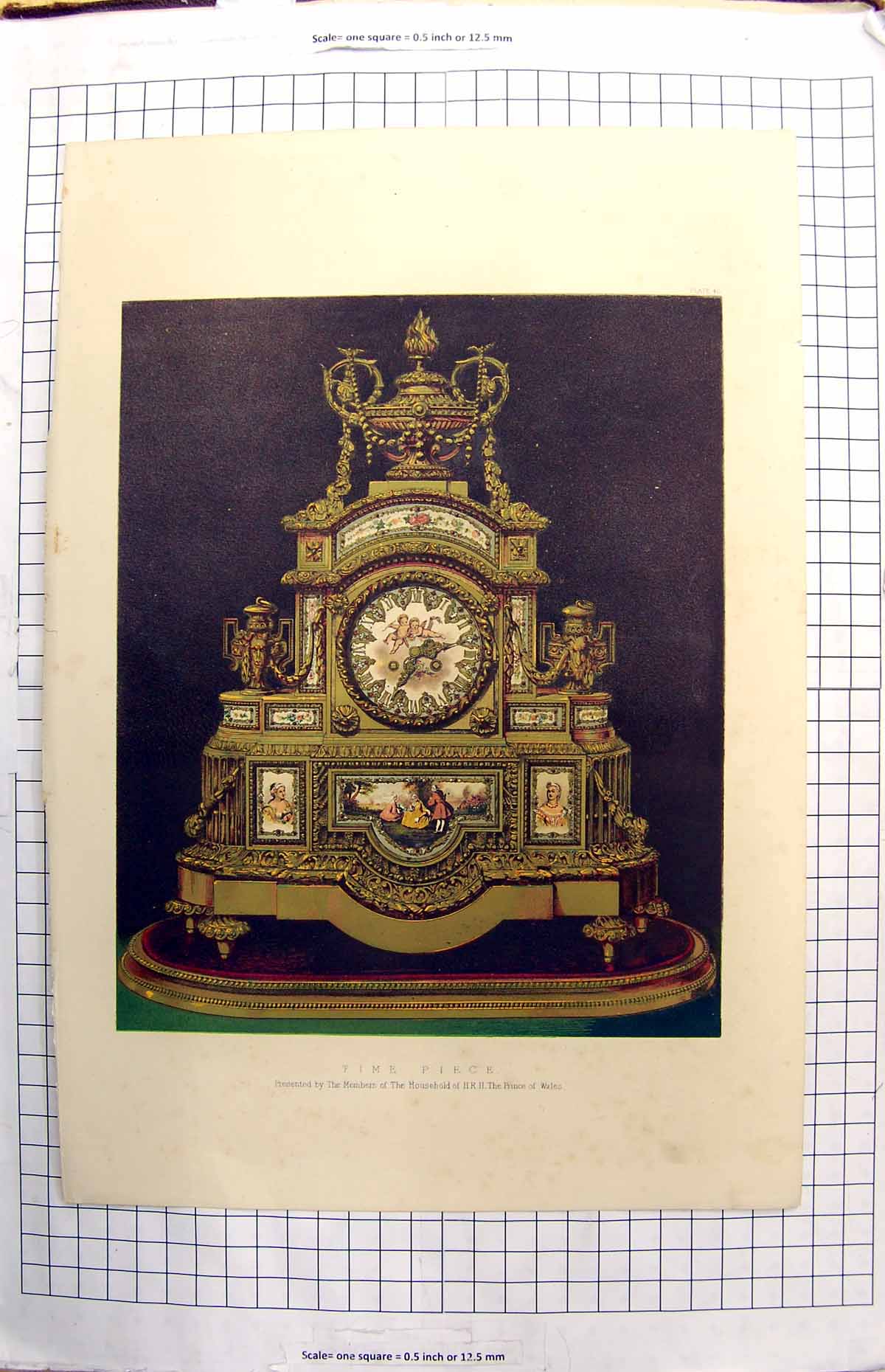 Original Old Antique Print Colour Time Piece Clock HousehPrince Wales