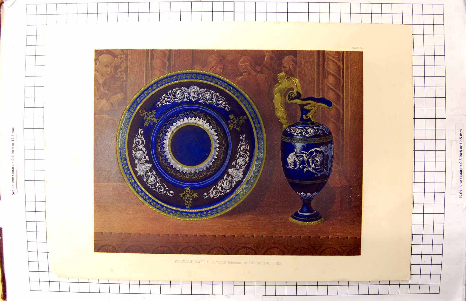 Original Old Antique Print Porcelain Ewer Plateau Earl Spencer Colour