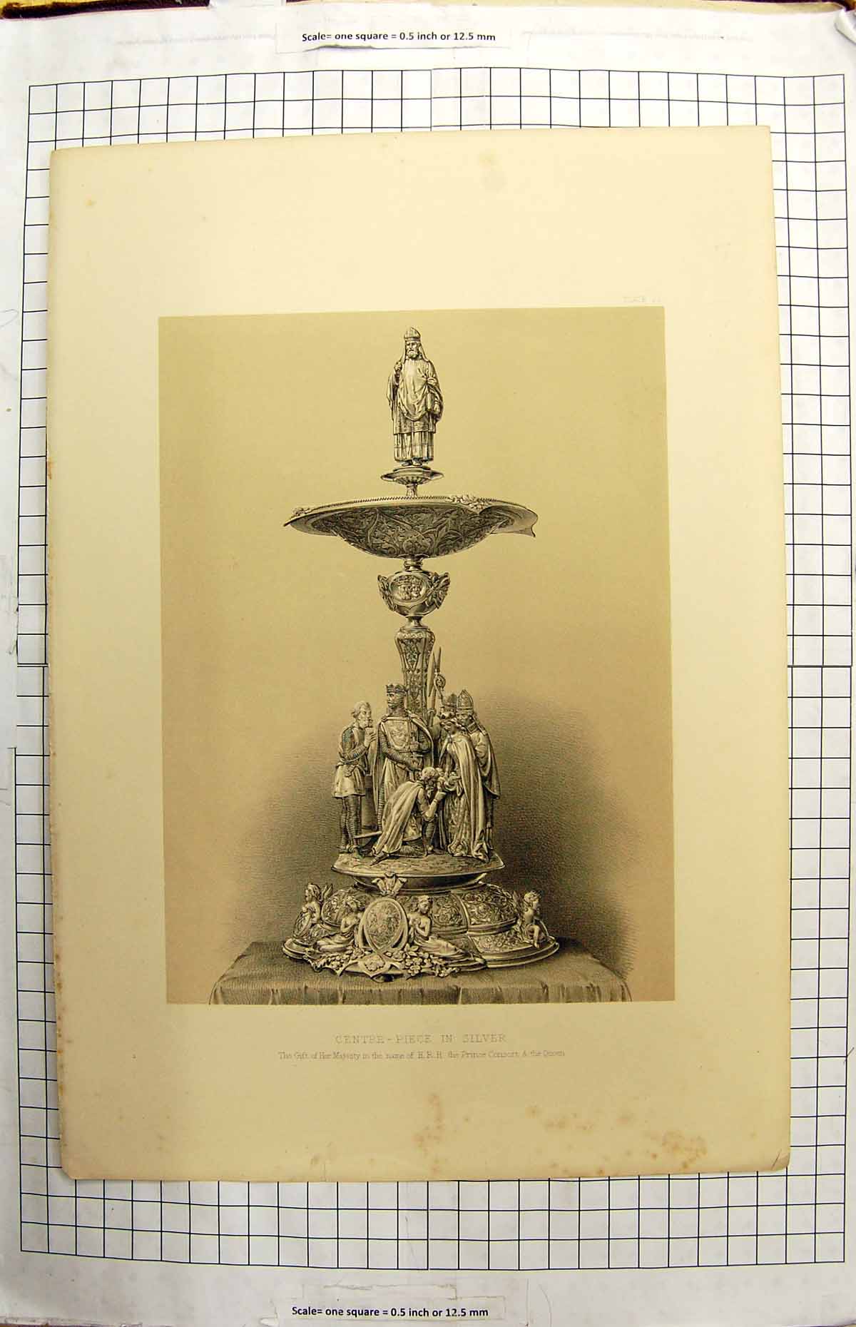 Original Old Antique Print Centre Piece Silver Prince Consort Queen Decoration