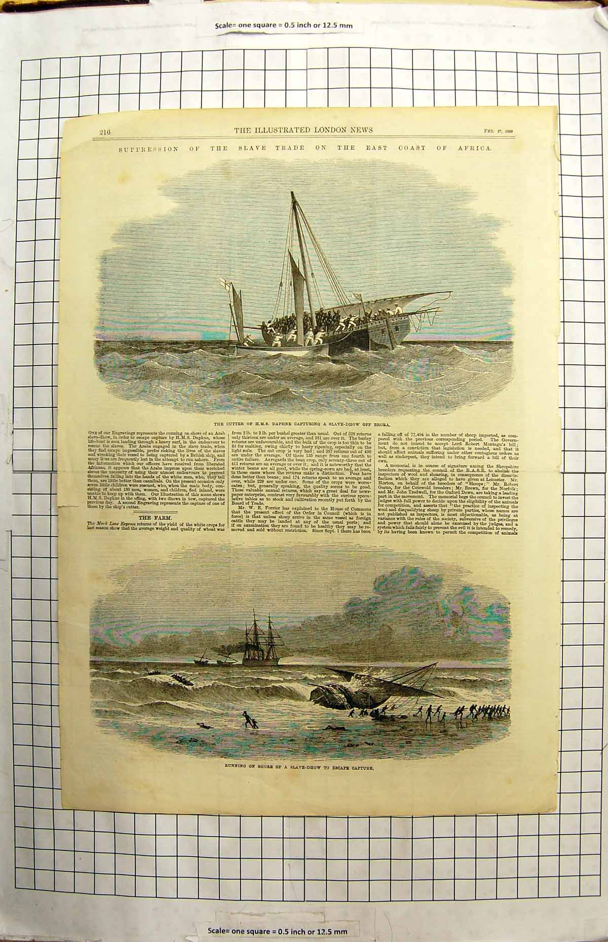 Antique Print 1869 Slave Trade Cutter Daphne Slave-Dhow Brora Africa Ships 19th