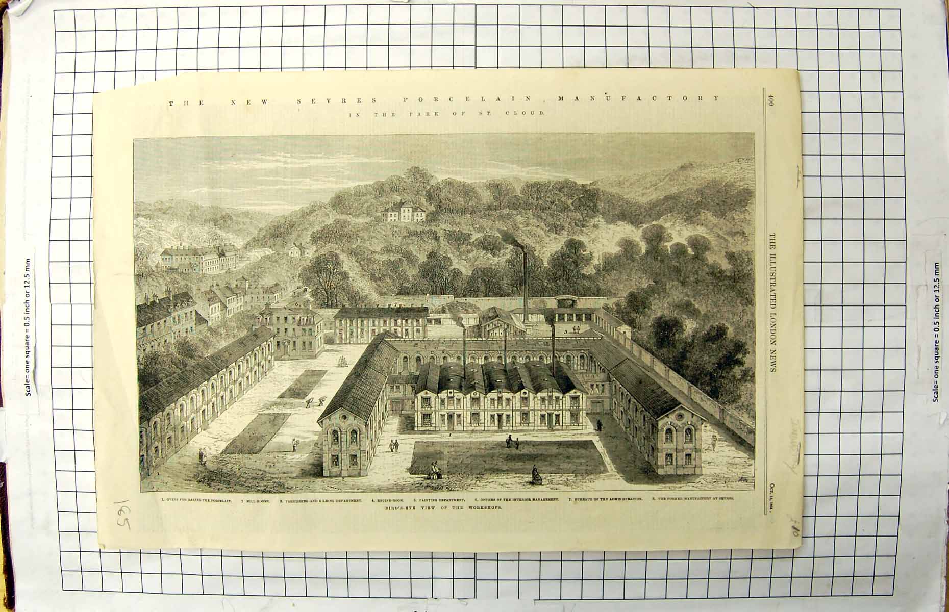 Old 1864 Bird'S-Eye View Worshop Sevres Porcelain St. Cloud Museum Ar 19th