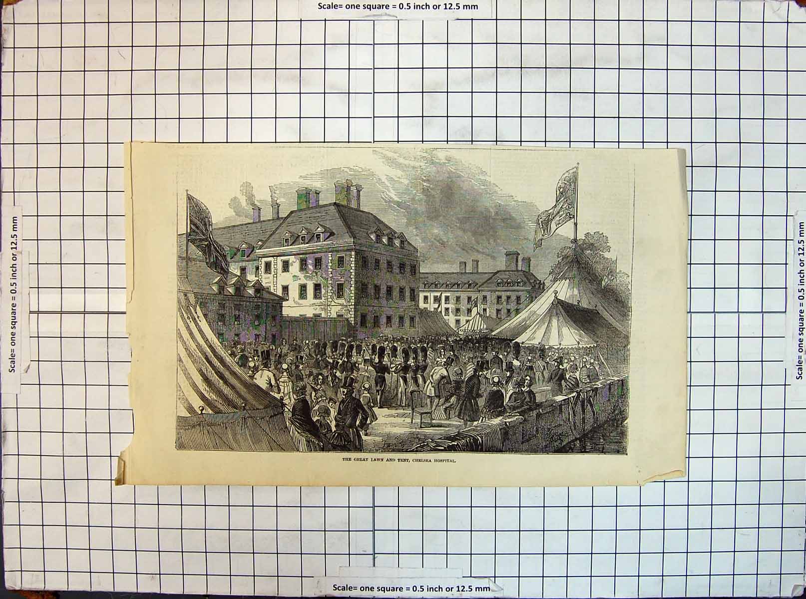 Original Old Antique Print View Great Lawn Tent Chelsea Hospital Entertainment