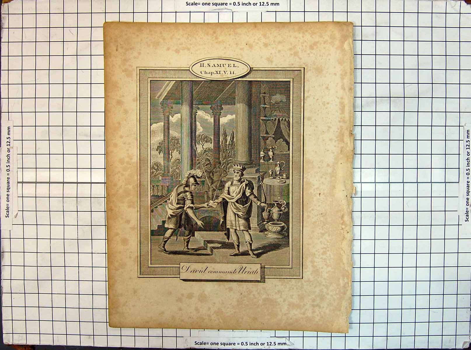 Original Old Antique Print Samuel Religion Davul Commands Uriah Men Meeting