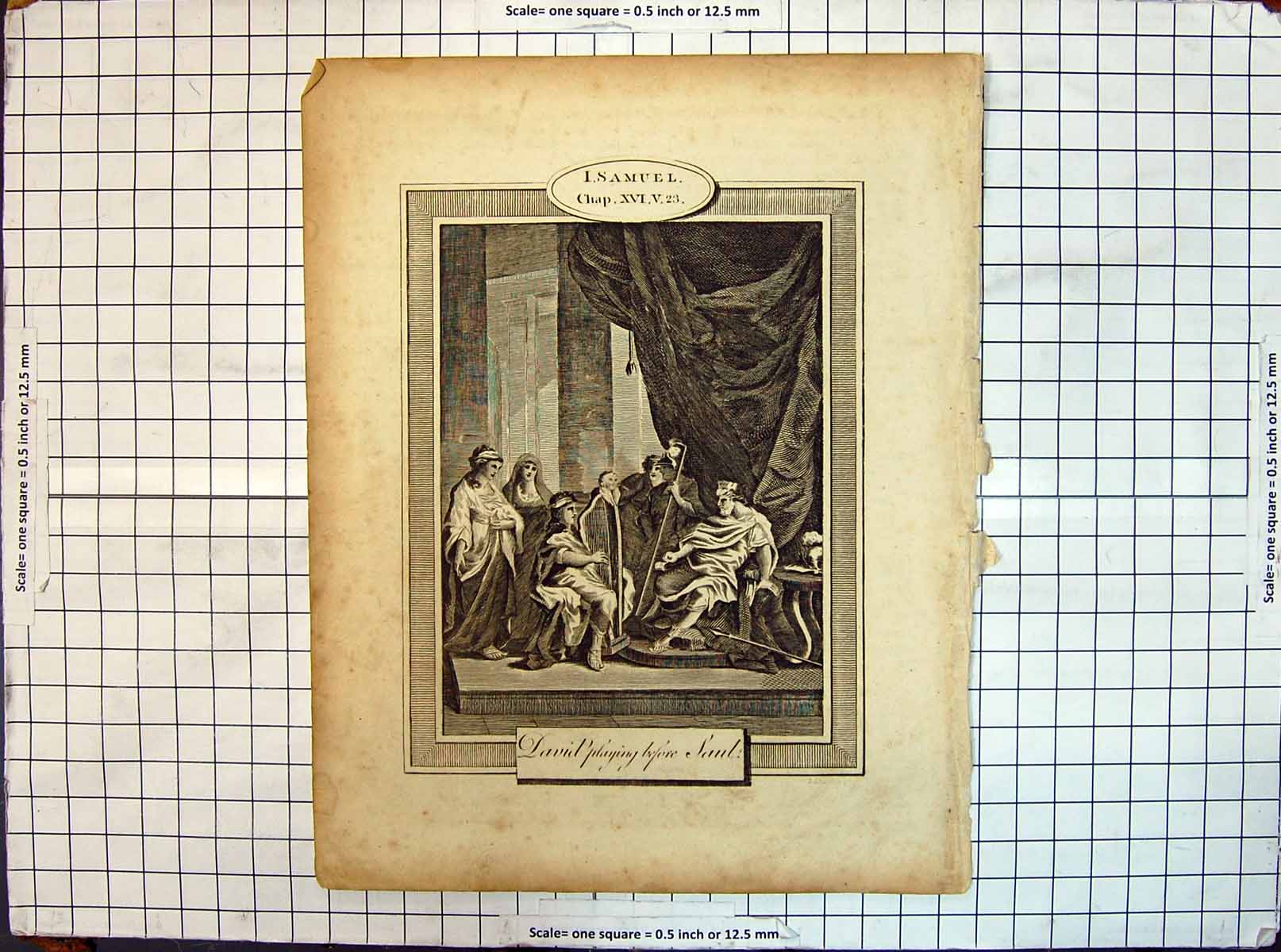Original Old Antique Print Religion Samuel David Playing Before Saul Men