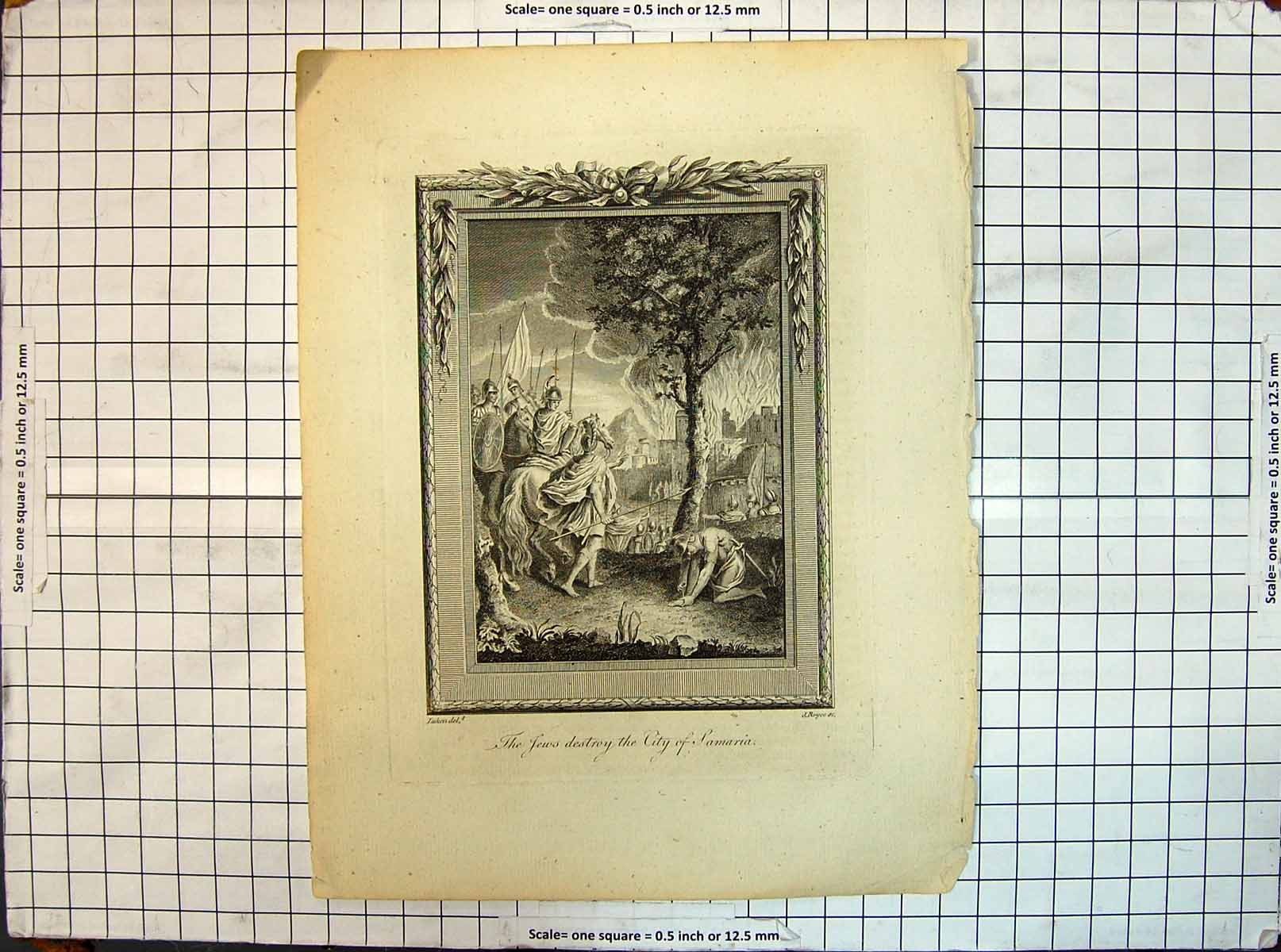 Original Old Antique Print Jews Destroyed City Samaria Fire Royce Luken