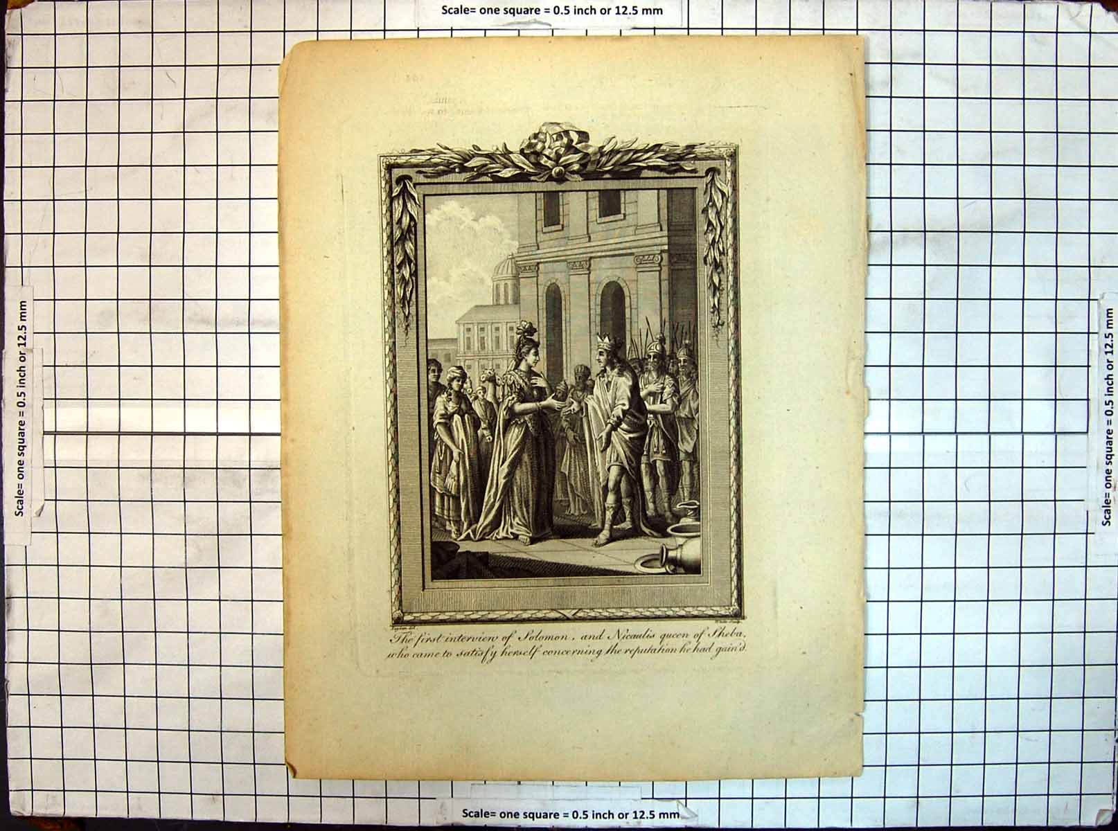 Original Old Antique Print Scene First Interview Solomon Nicaulis Queen Sheba