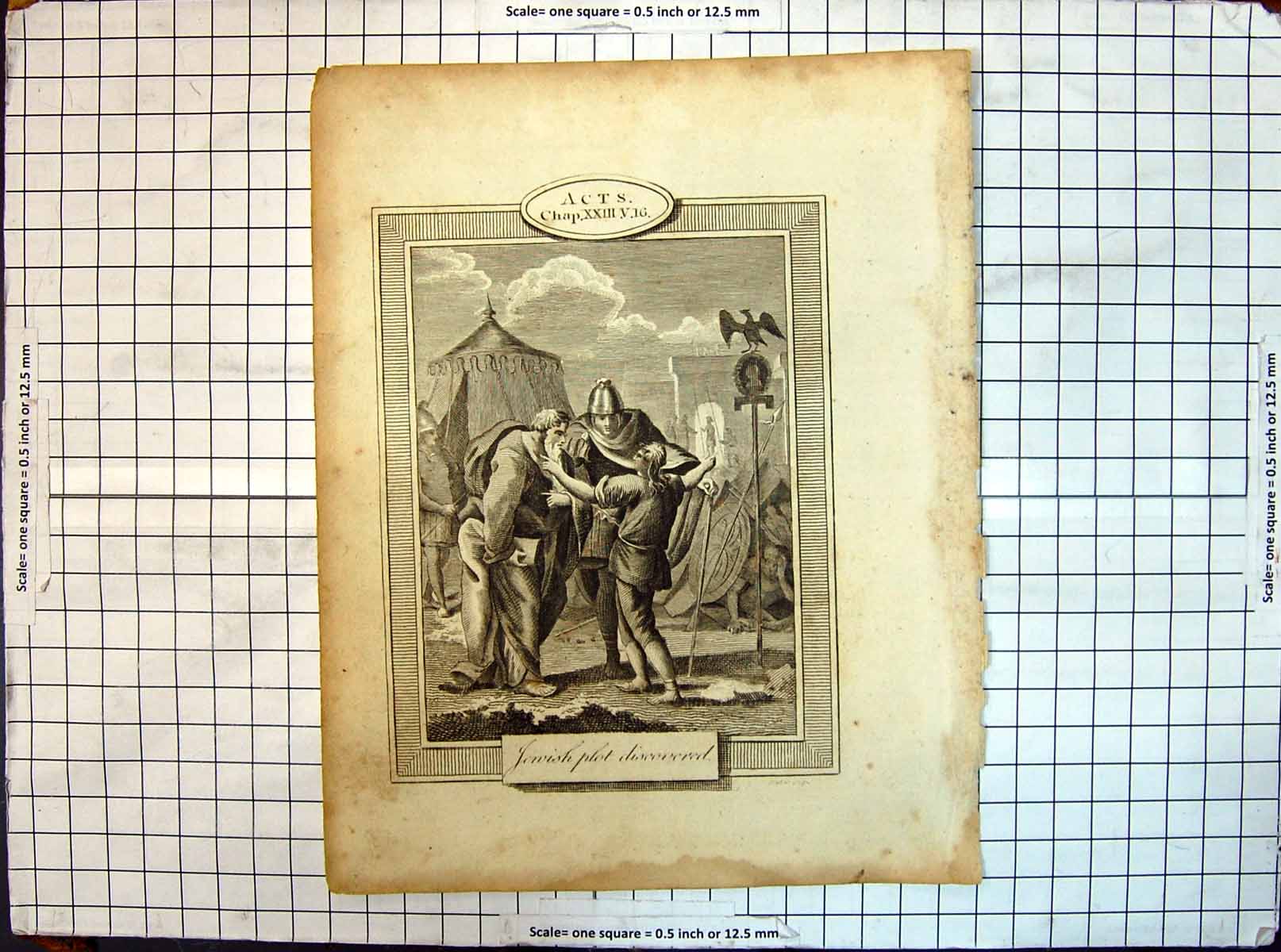 Original Old Antique Print Religion Acts Jewish Plot Discovered Men Weapons