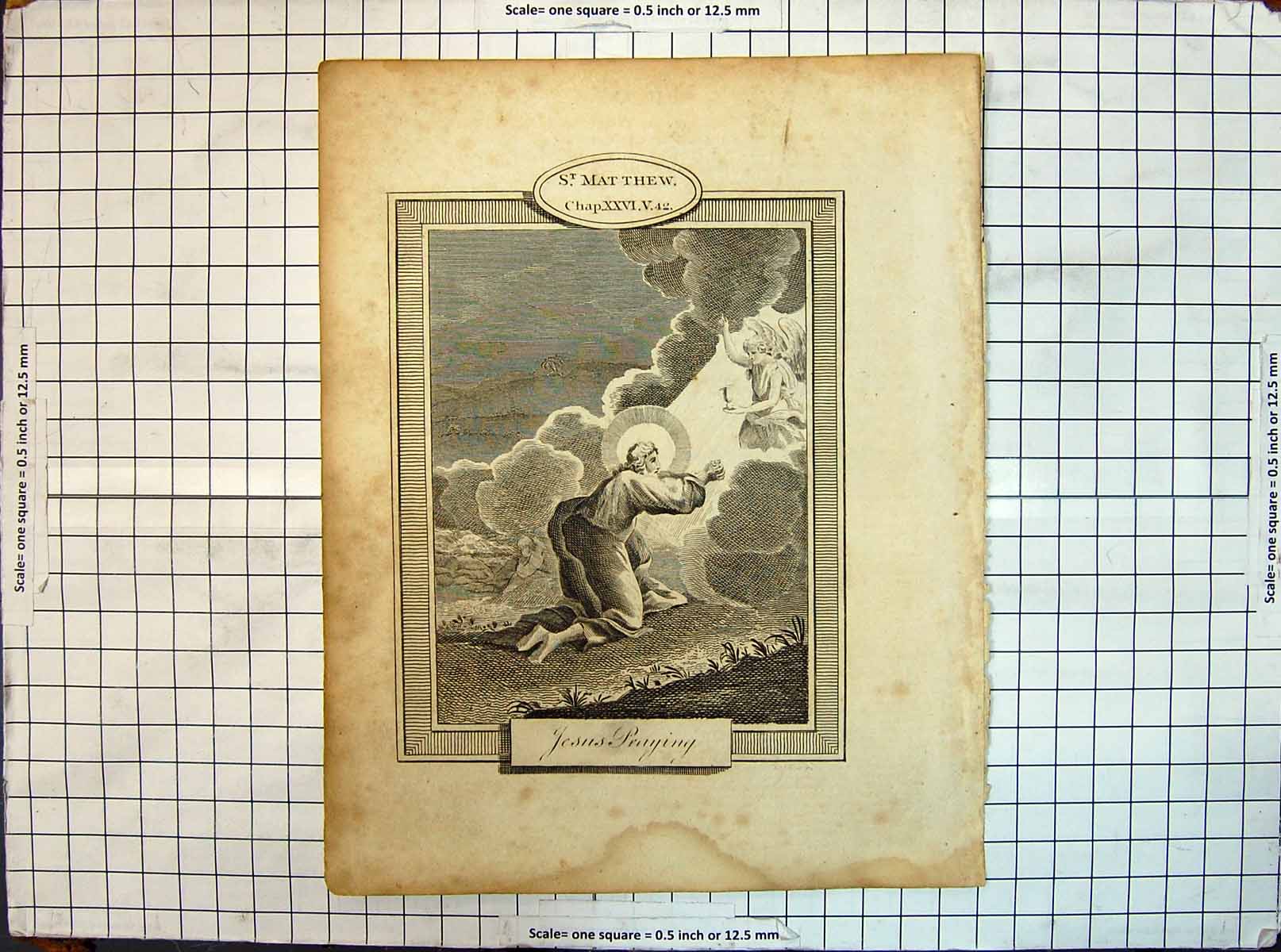 Original Old Antique Print St. Matthew Religion Jesus Praying Angel