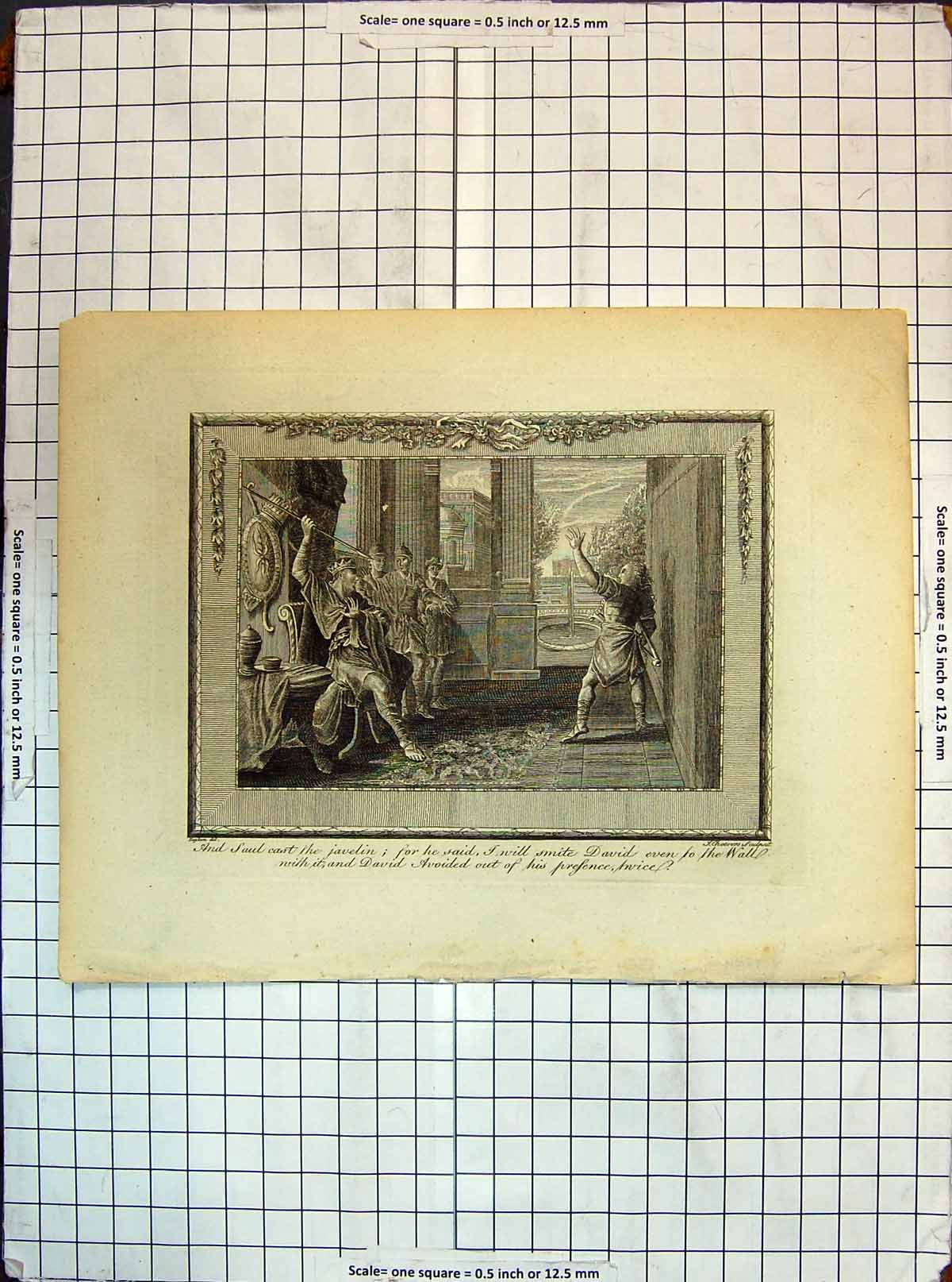 Original Old Antique Print Saul Cast Javelin David Sword Men Fighting