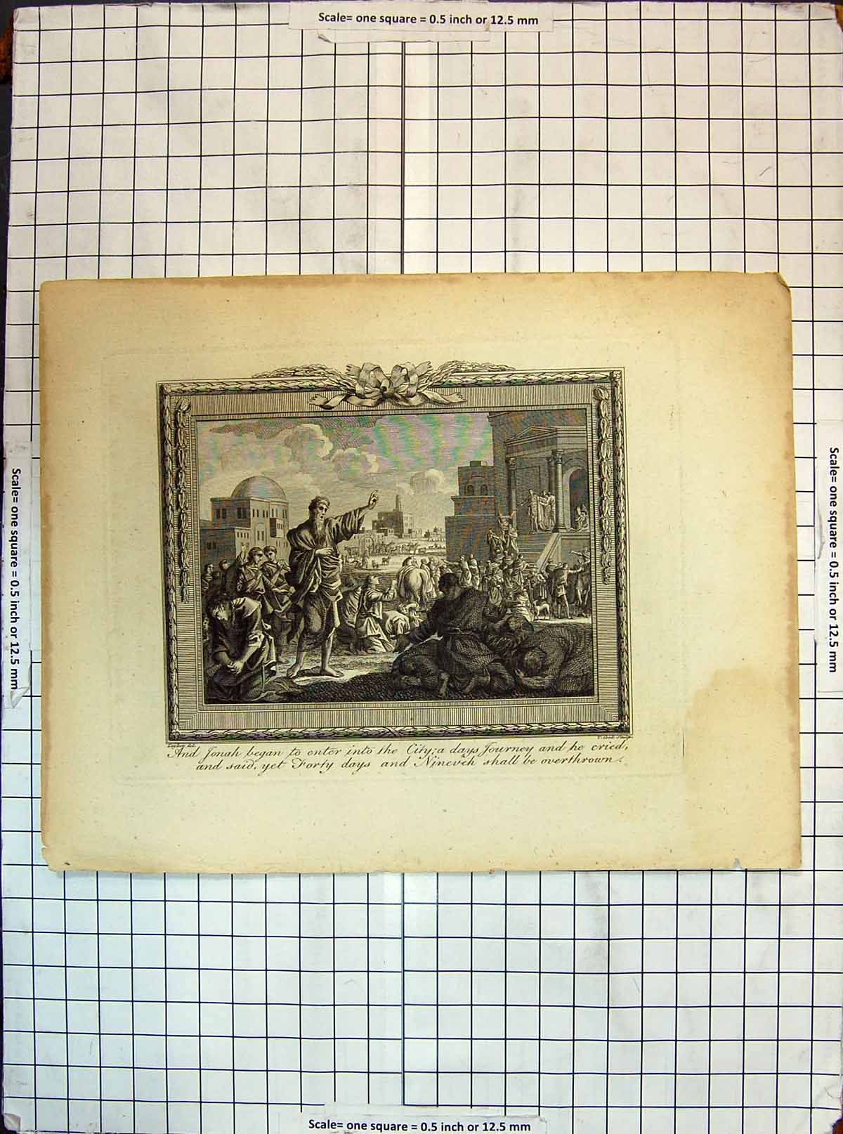 Original Old Antique Print Jonah Entering City Journey People Cook Engraving