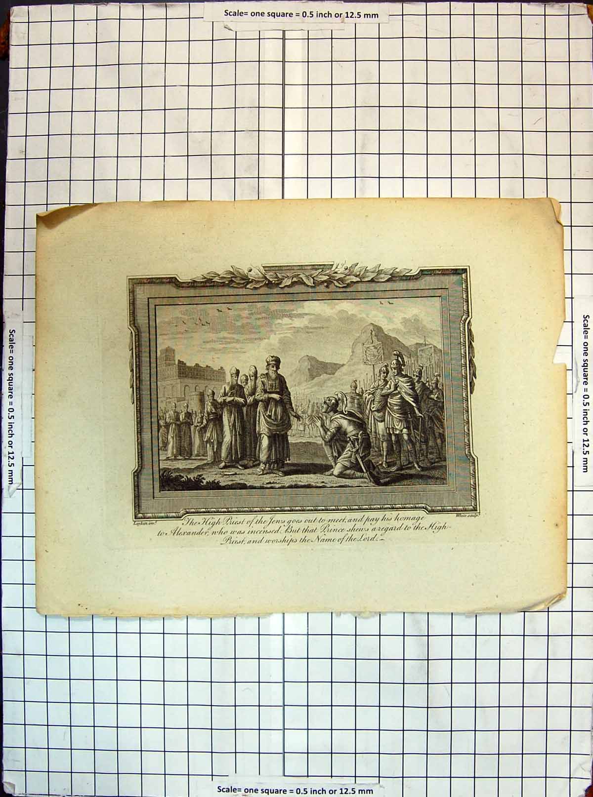 Original Old Antique Print High Priest Jews Alexander Prince Worship Scene