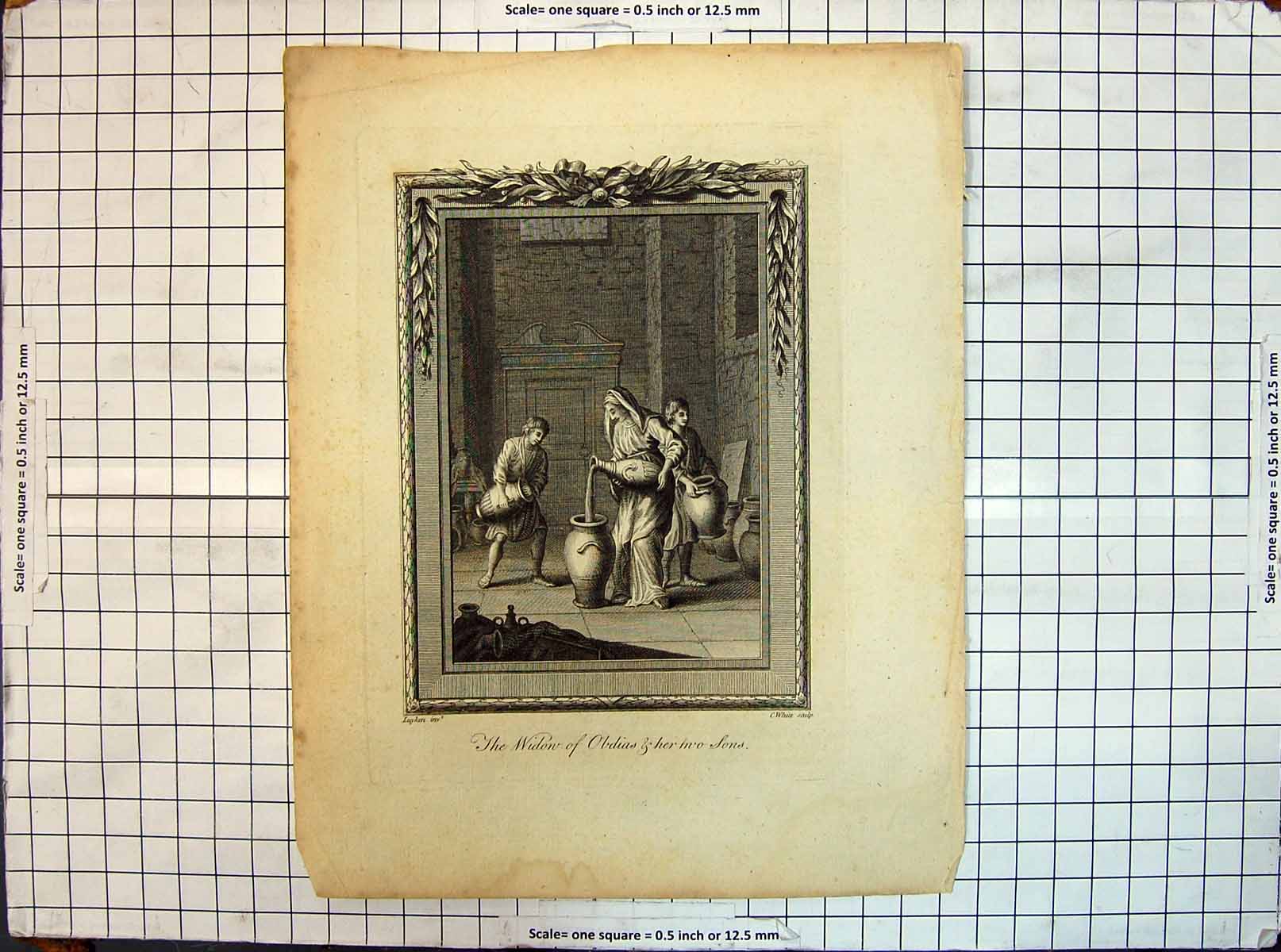 Original Old Antique Print Scene Widow Obdias Sons White Luyken Engraving