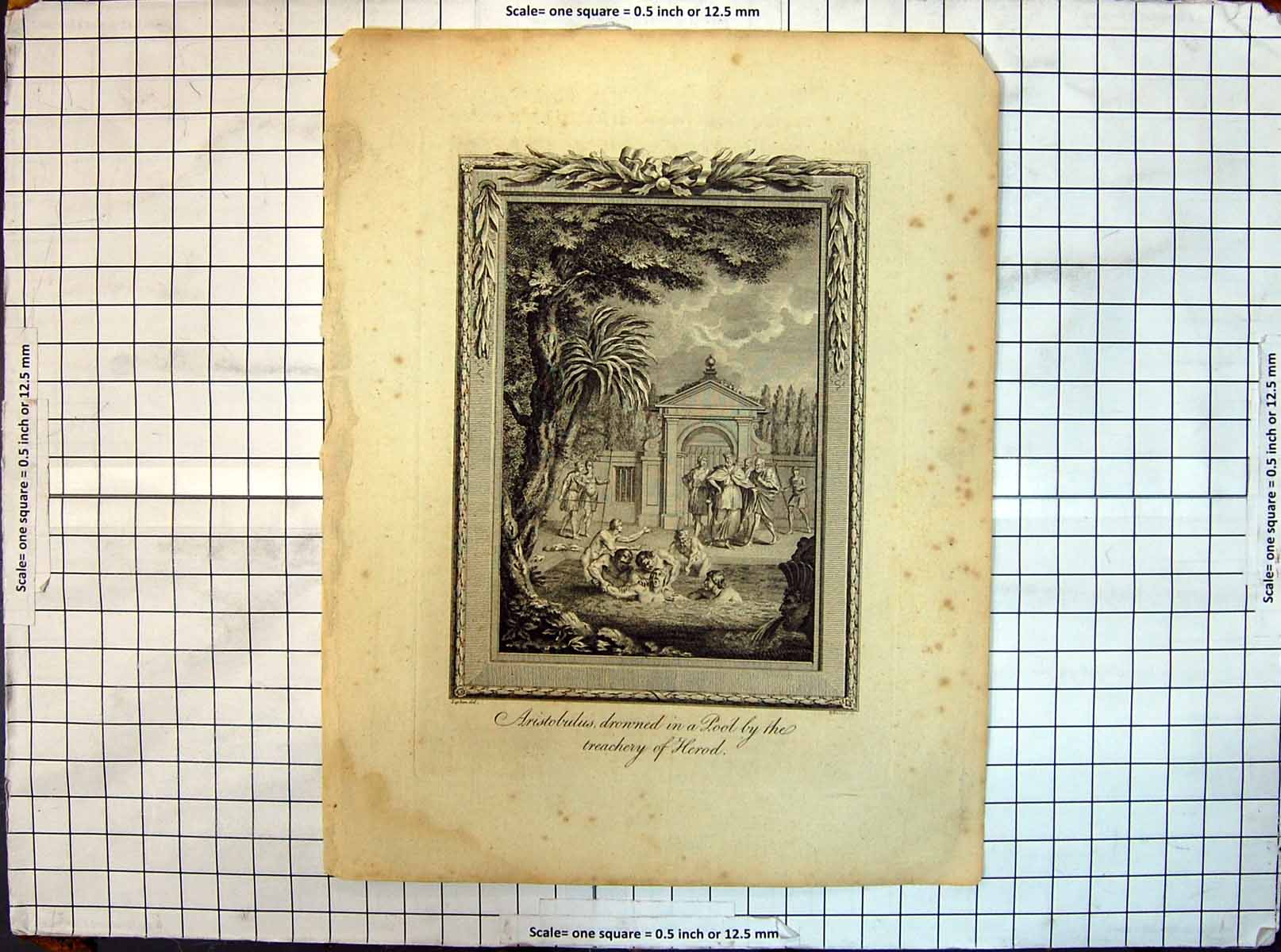 Original Old Antique Print Scene Aristobulus Drowned Pool Treachery Herod