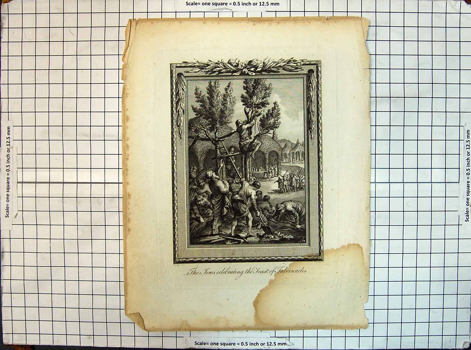 Original Old Antique Print Scene Jews Celebrating Feast Tabernacles