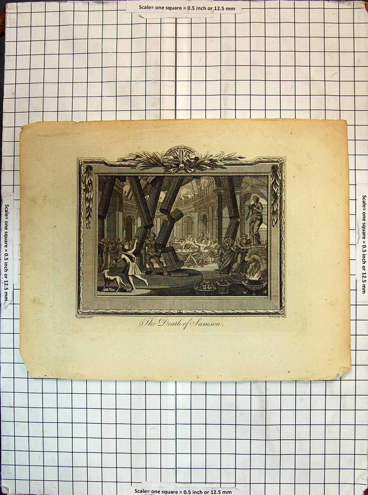 Original Old Antique Print Scene Death Samson Smith Luyken
