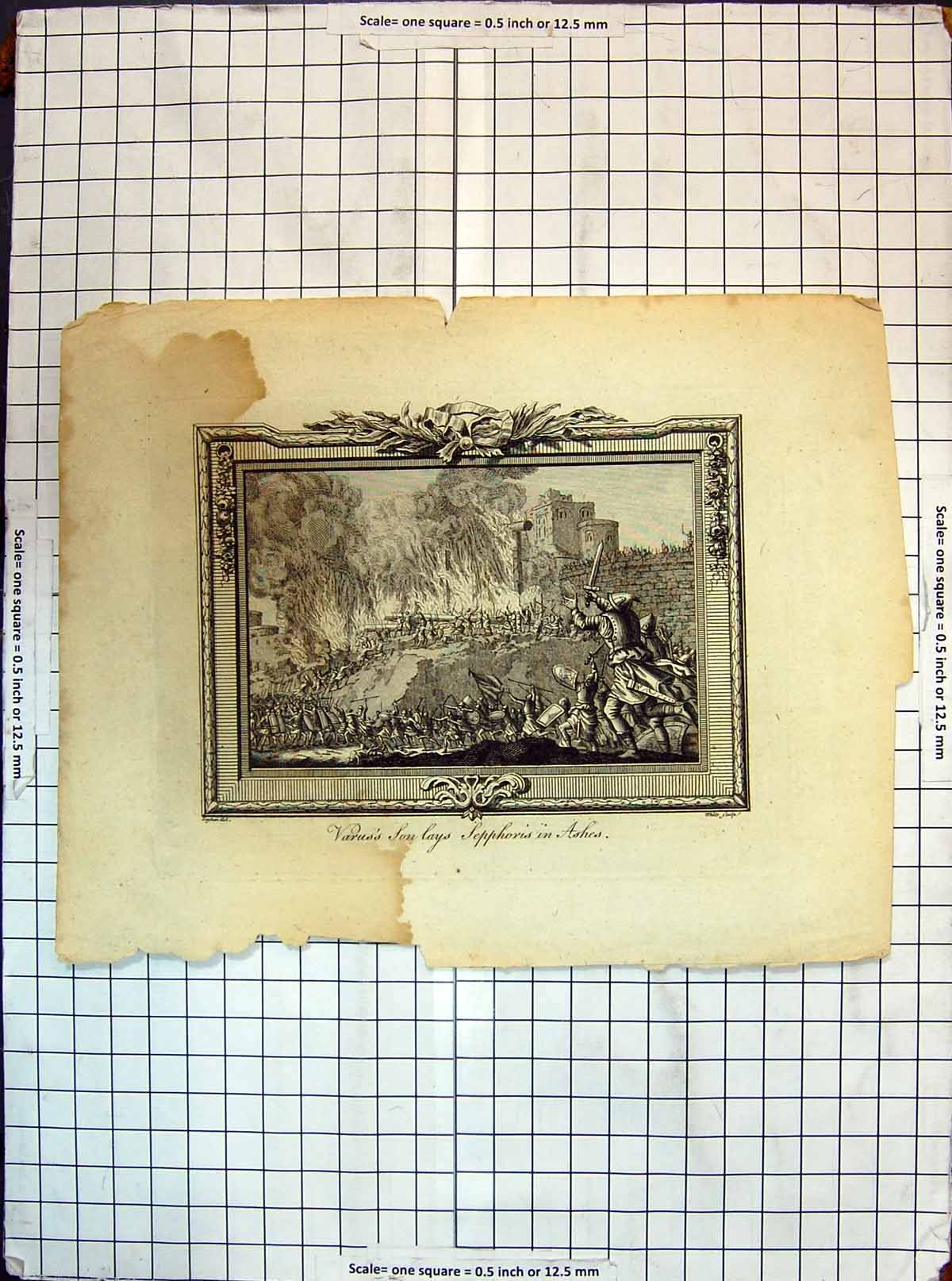 Original Old Antique Print Scene Varsus Son Lays Sepphoris Ashes