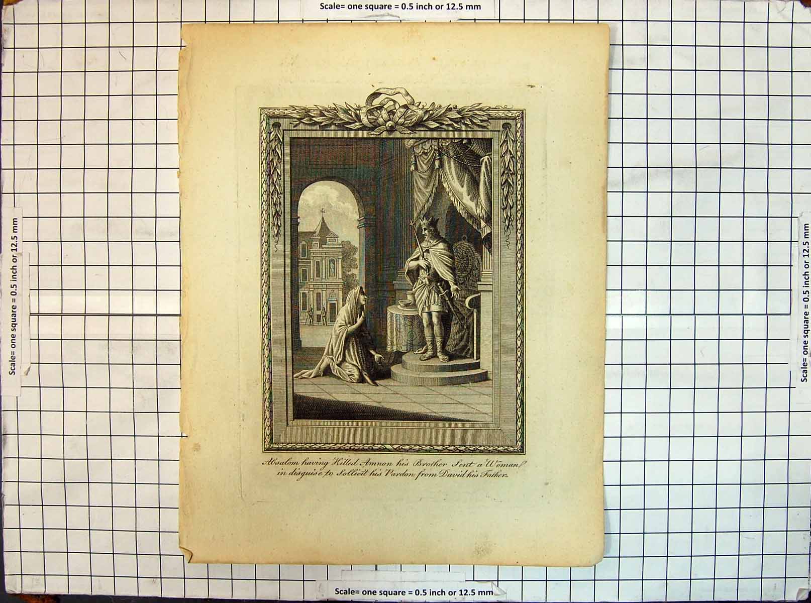 Antique Old Print Absalom Killed Amnon Brother Woman Sollicit Pardon David