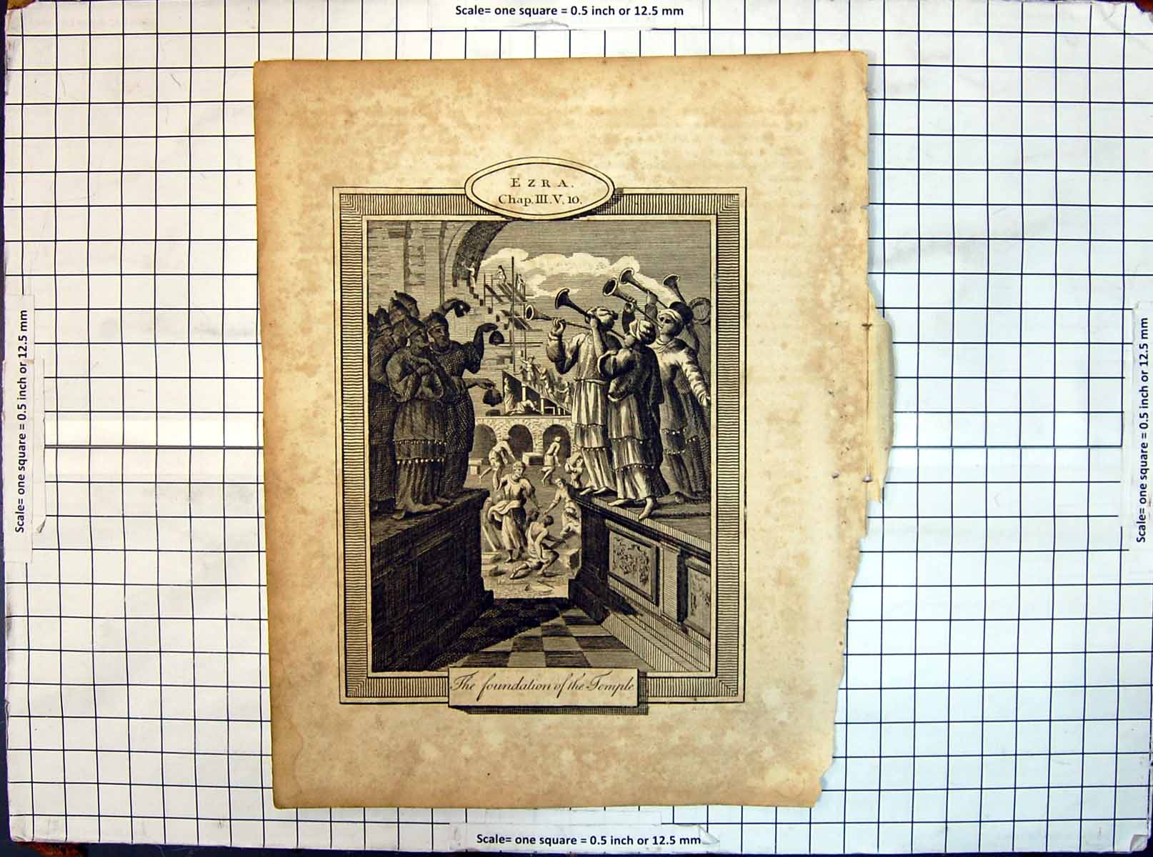 Original Old Antique Print Ezra Scene Foundation Temple Music Religion