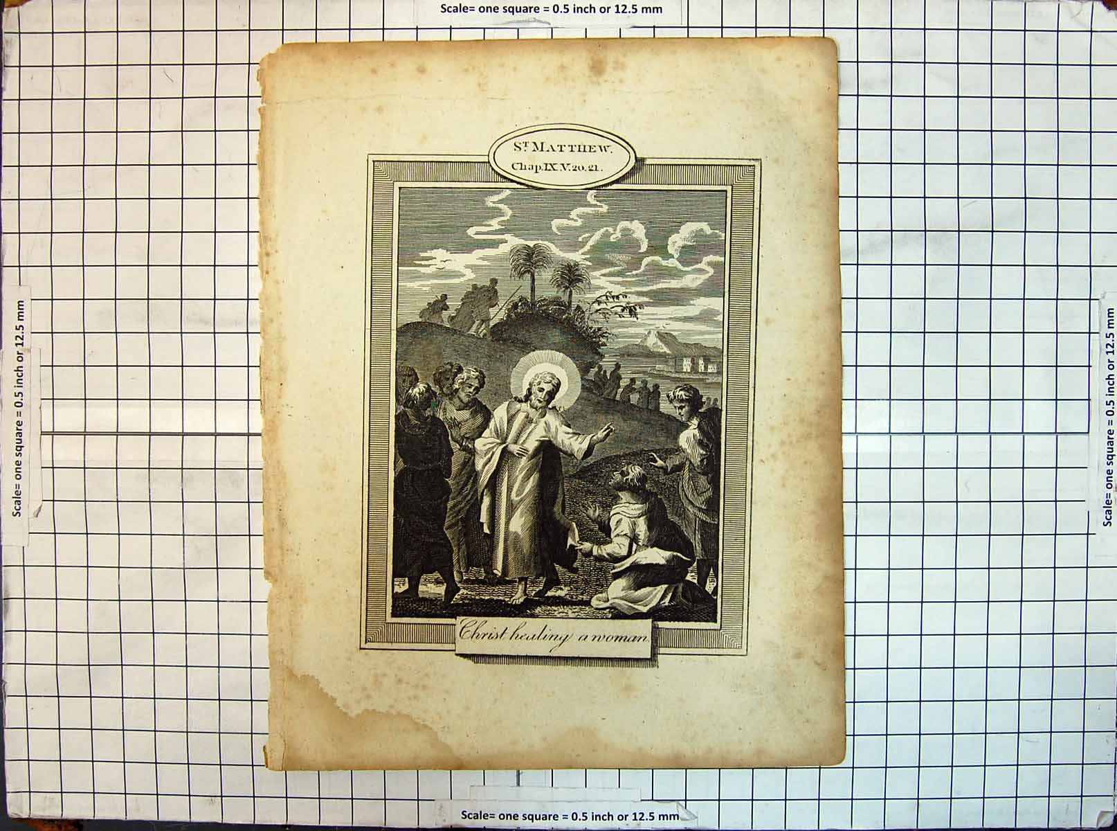 Original Old Antique Print St. Matthew Scene Christ Healing Woman