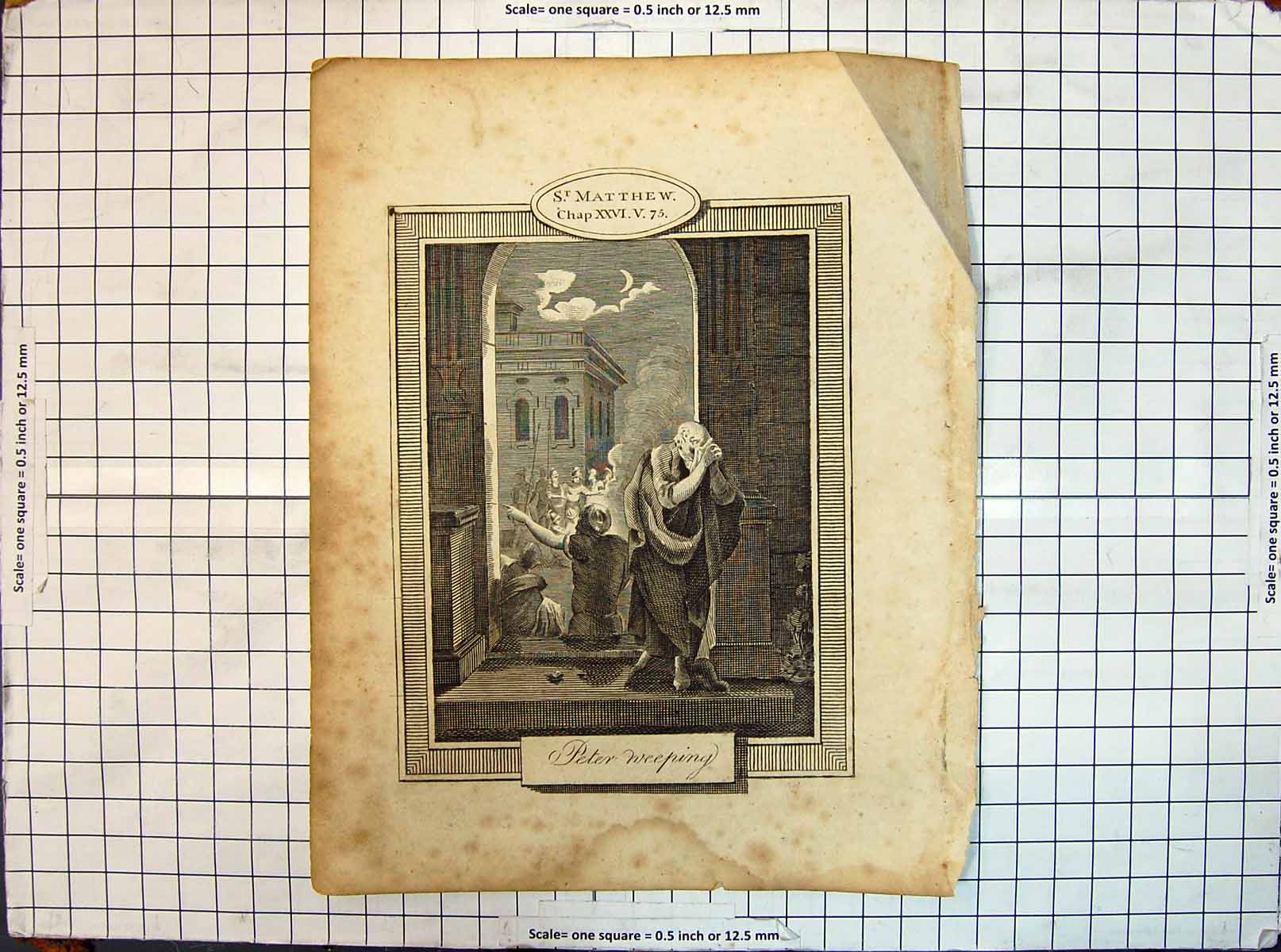 Original Old Antique Print St. Matthew Scene Peter Weeping Religion