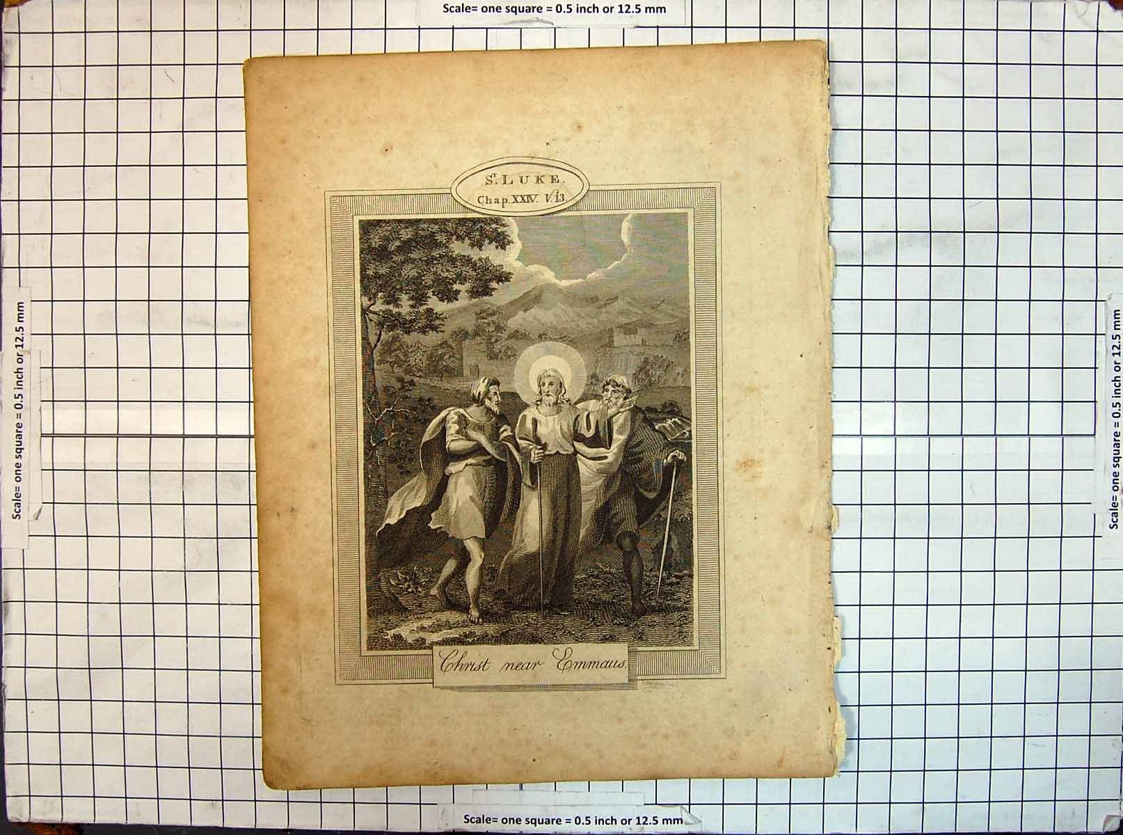 Original Old Antique Print St. Luke Jesus Christ Emmaus Religion