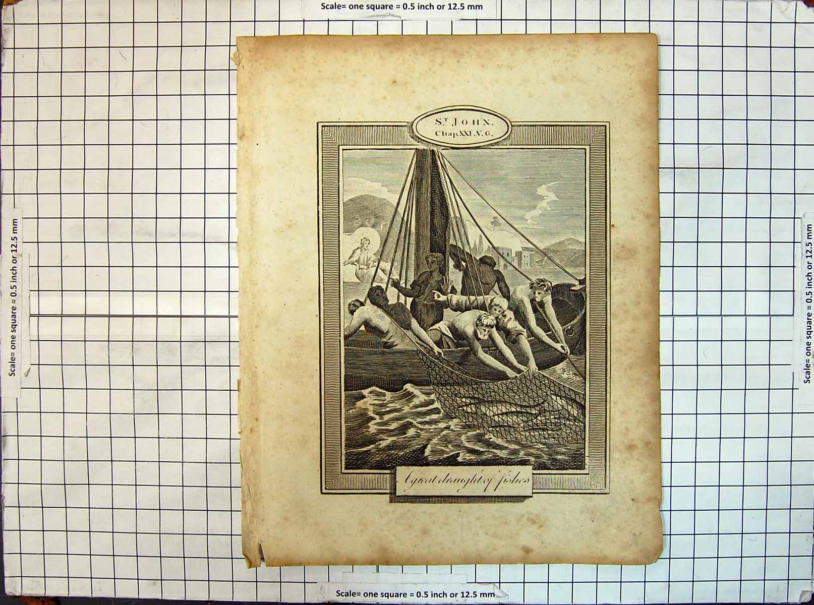 Original Old Antique Print St. John Draught Fishes Men Fishing Boat Religion