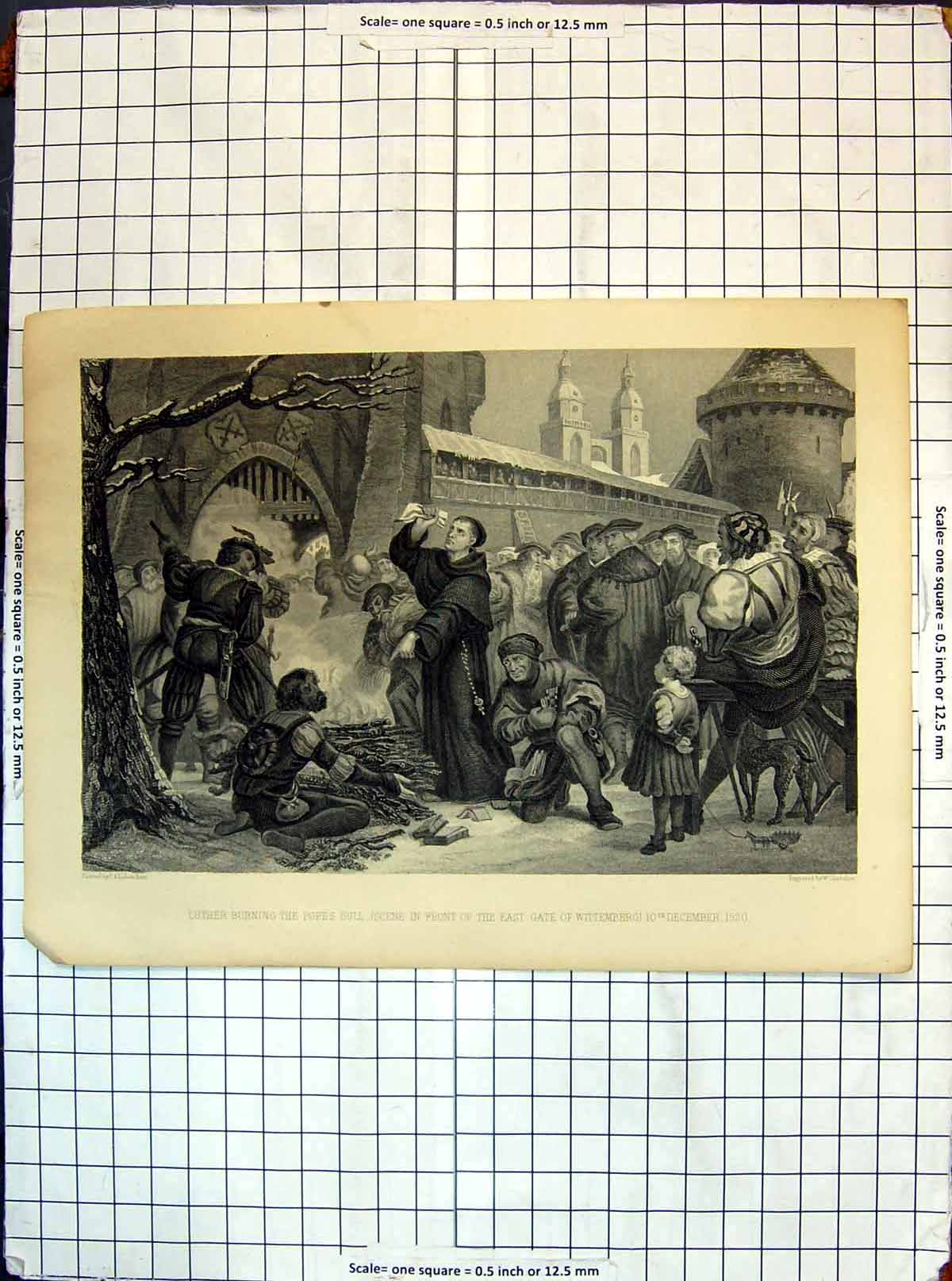 Old Antique Print Luther Burning Popes Bull Gate Wittemberg December 1520