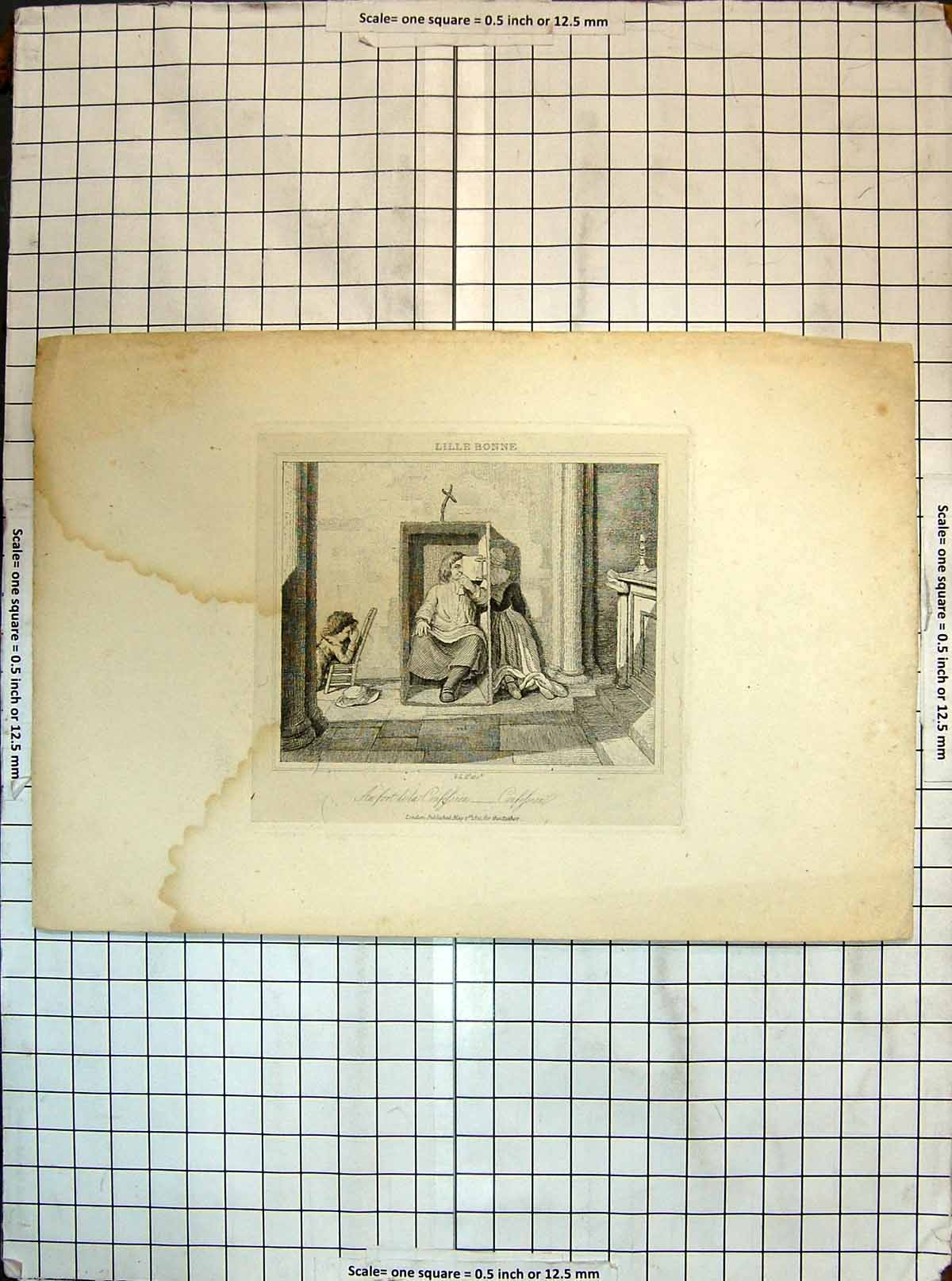 Original Old Antique Print Lille Bonne Priest Confession Church Scene