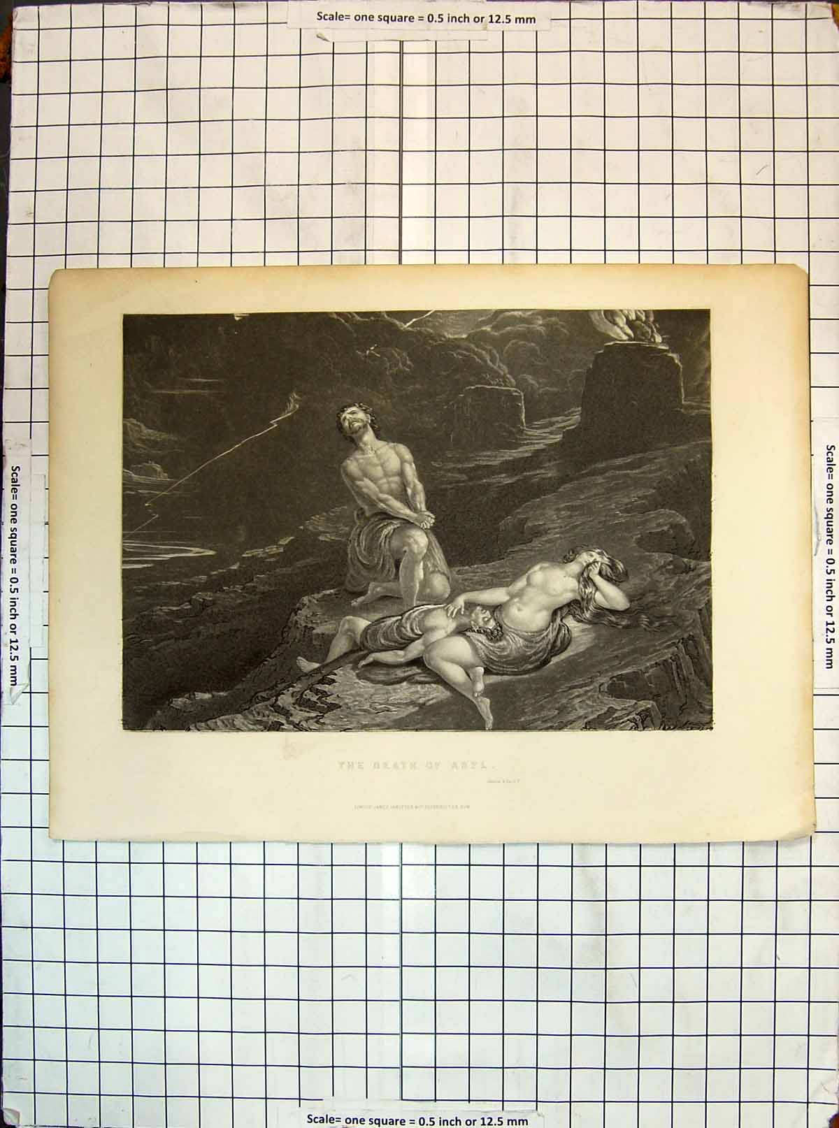 Original Old Antique Print Scene Death Abel Religion